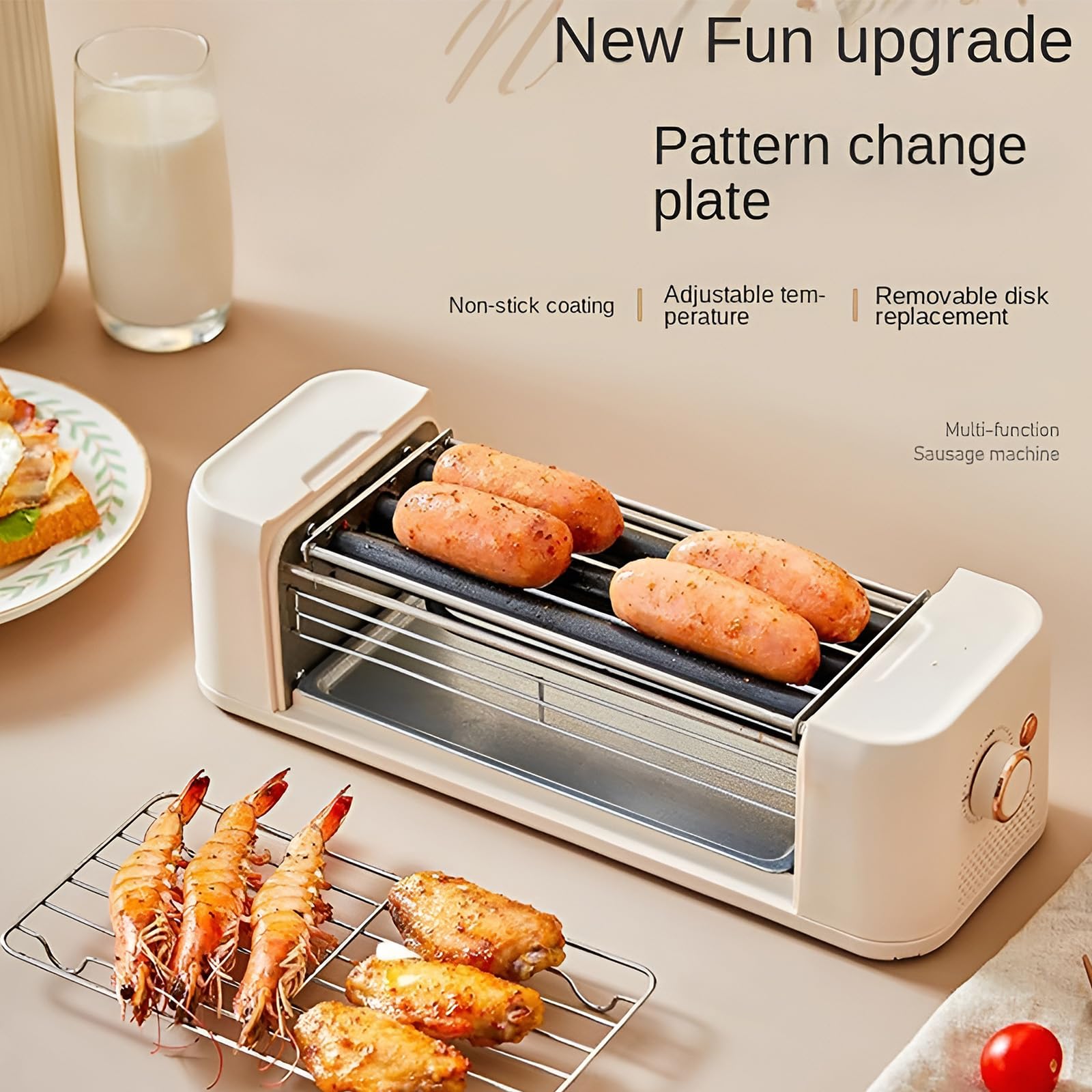 Parrilla Comercial Eléctrica Para Hot Dogs, Cocina De Salchichas | Rodillos giratorios de 360° con control de 0-300°C, bandeja de horneado integrada para cocina versátil en bares