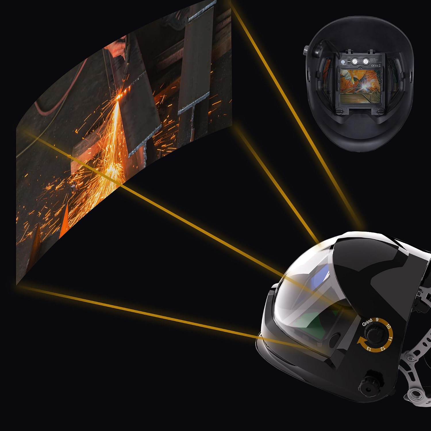 Welding Helmet Panoramic 180° Auto Darkening 3.94" x 3.27" Large View Screen Weld Hood Helmet 4 Arc Sensor Wide Shade DIN 4/5-8/9-13for TIG MIG ARC True Color Solar Powered Weld Grinding Welder Mask