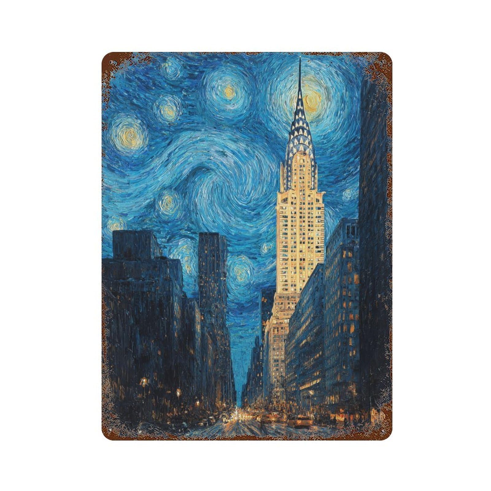 New York City Skyline at Night Rustic Tin Plaque 15.7"x11.8", Rustic Home Decor for Office, Studio And Wall Decor