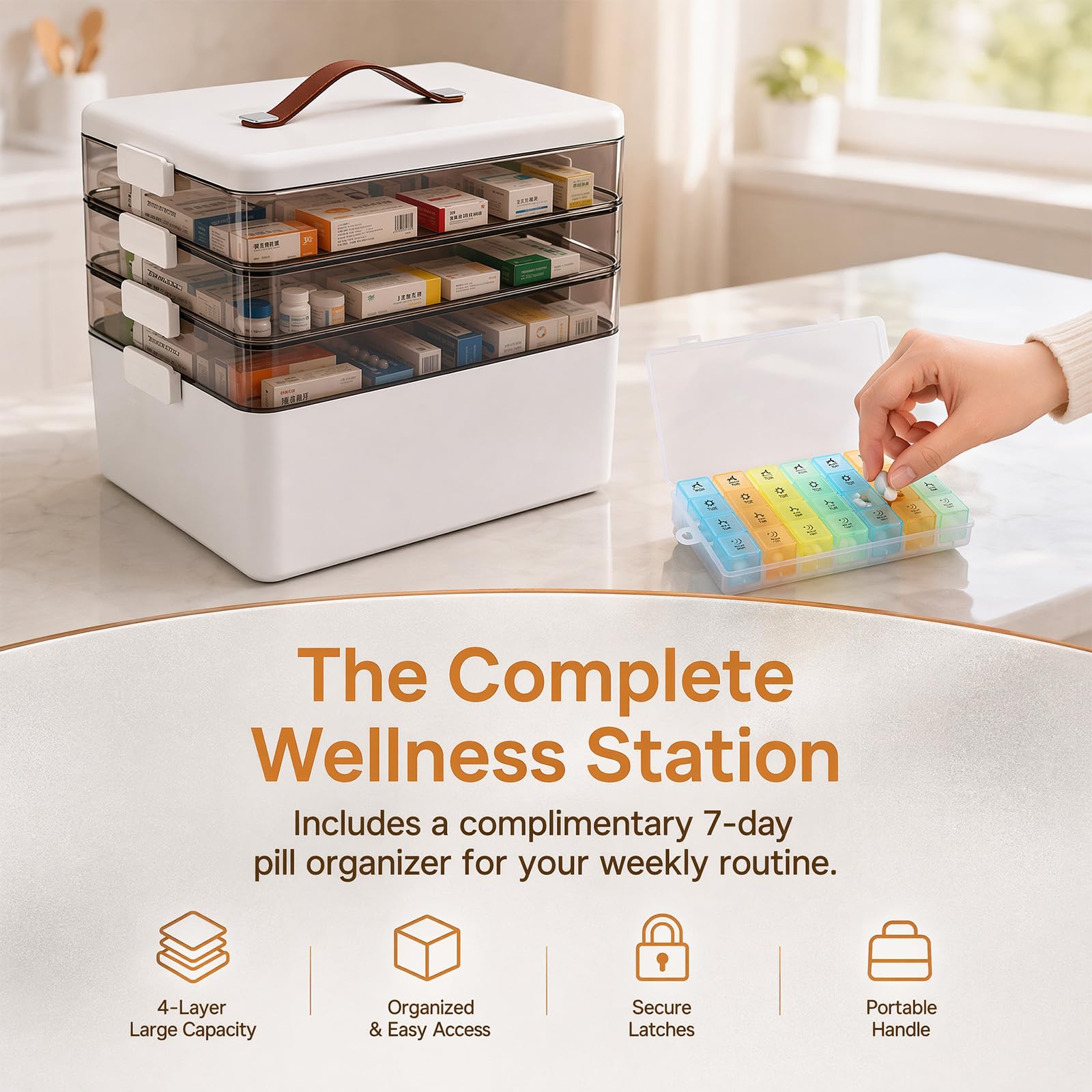 Contenitore per medicinali a 4 piani, grande, 34 x 31 x 22 cm, con maniglia per il trasporto, organizer per medicinali con vassoio rimovibile, scatola vuota in plastica di primo soccorso per casa