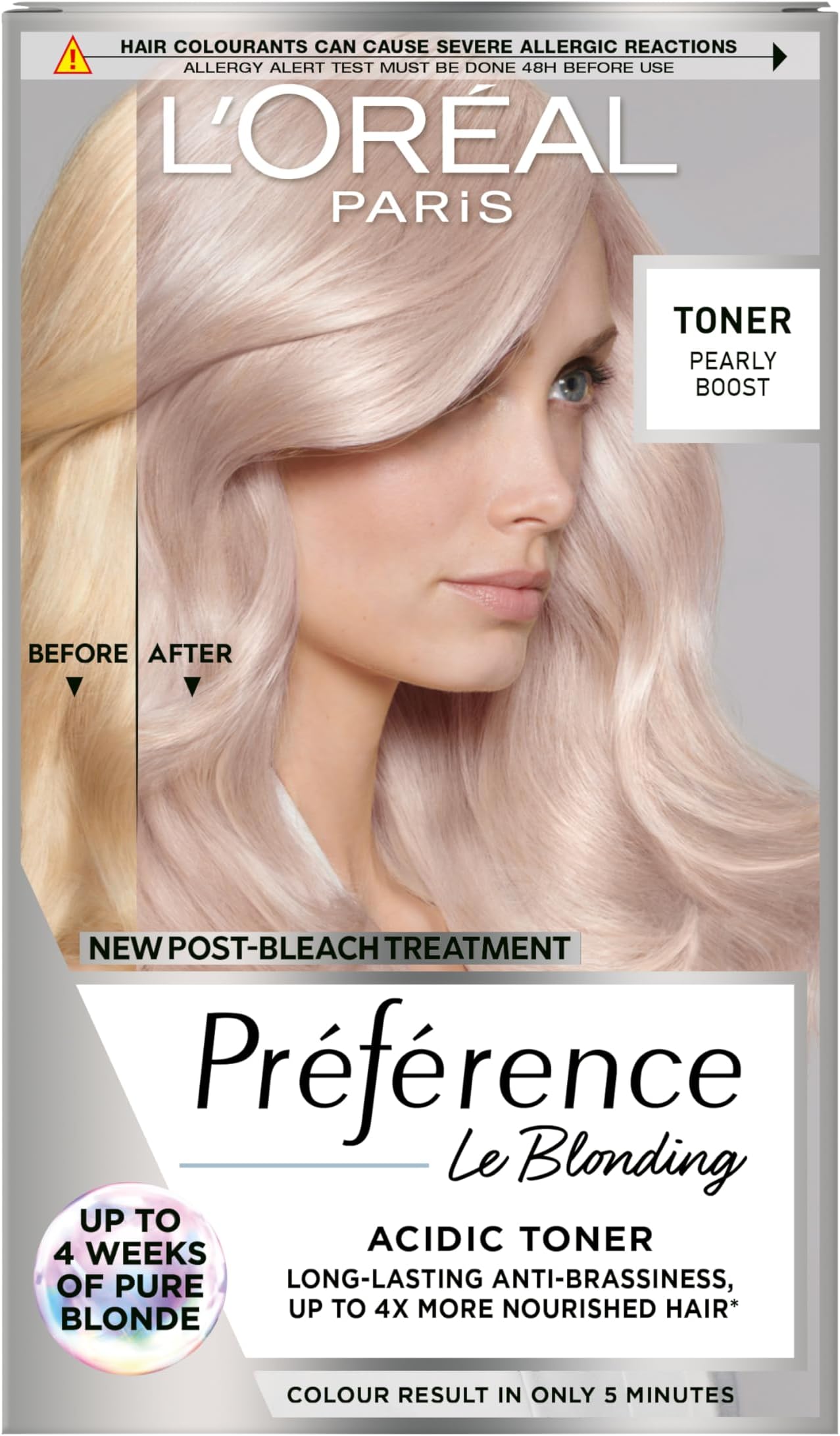Preference Le Blonding Acidic Toner Pearly Boost: Post-bleach treatment for long-lasting anti-brassiness and luminous results. Neutralise unwanted yellow tones for a beautiful pearly blonde finish.