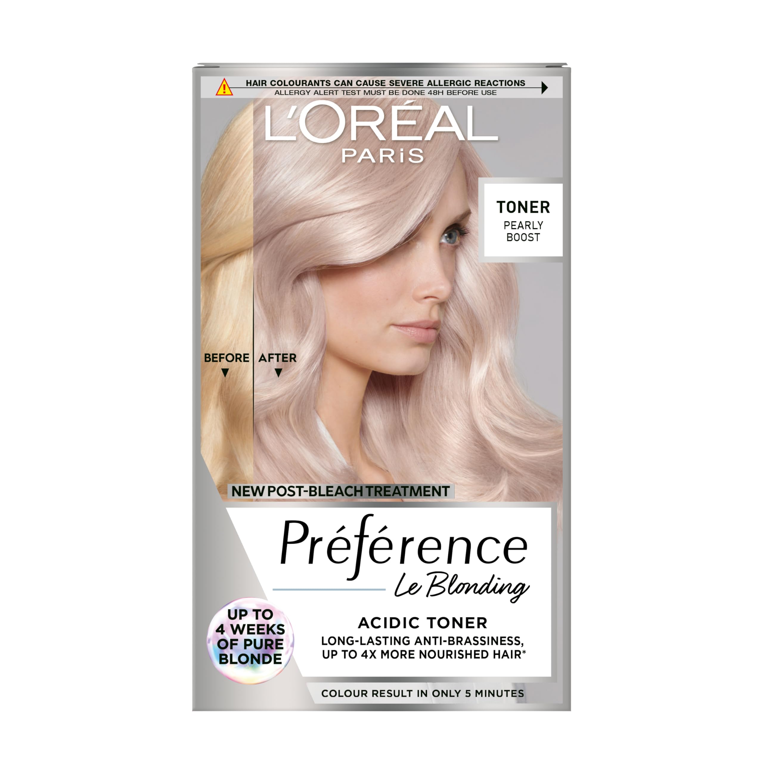 Preference Le Blonding Acidic Toner Pearly Boost: Post-bleach treatment for long-lasting anti-brassiness and luminous results. Neutralise unwanted yellow tones for a beautiful pearly blonde finish.