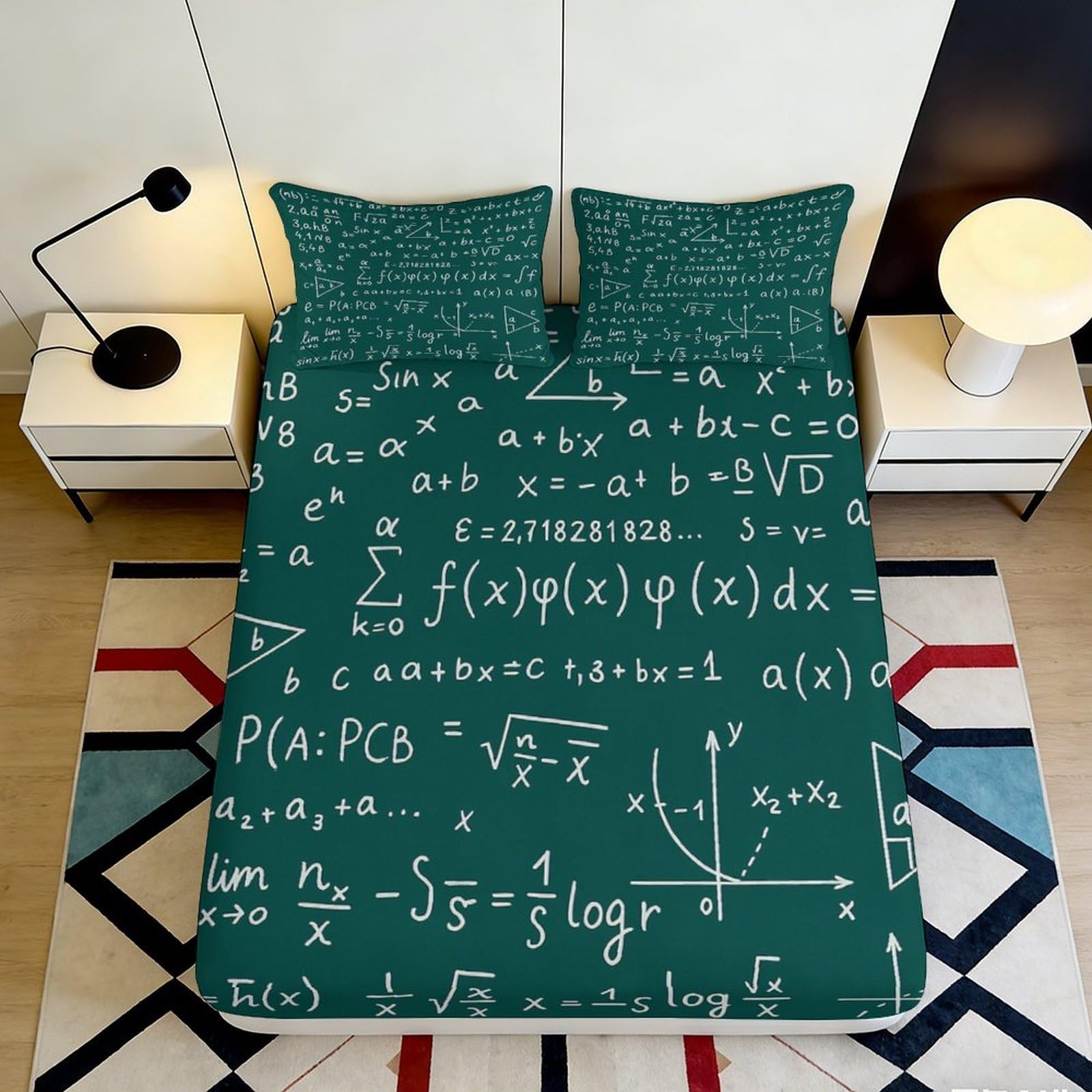 3D Printed Green Math Formula Fitted Sheet Microfiber Soft Breathable Science Pattern Bed Cover for Bedroom Dorm 90x200x25cm