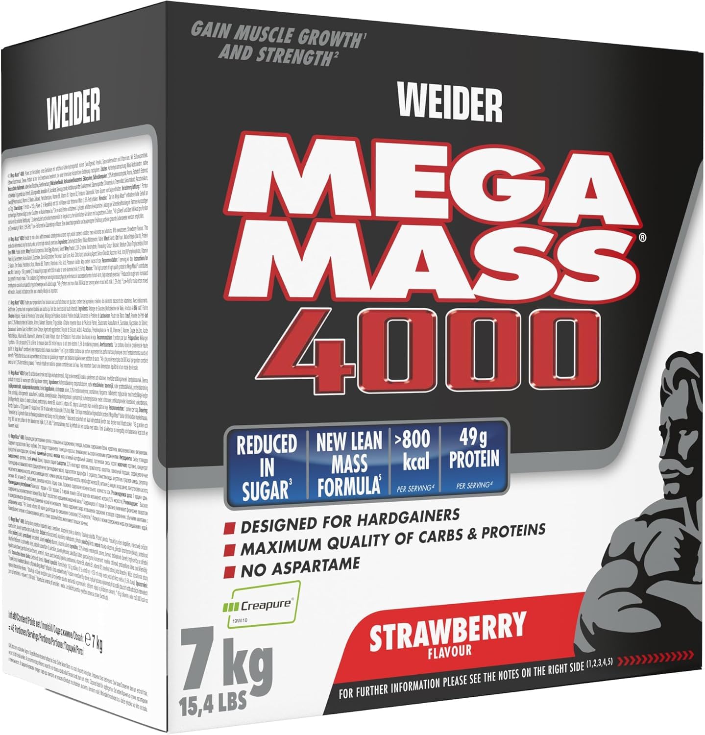 Weider Mega Mass 4000. Legendarny Gainer z Węglowodanami, Białkiem, Monohydratem Kreatyny Creapure, Witaminami i Minerałami. Truskawka - 7 kg