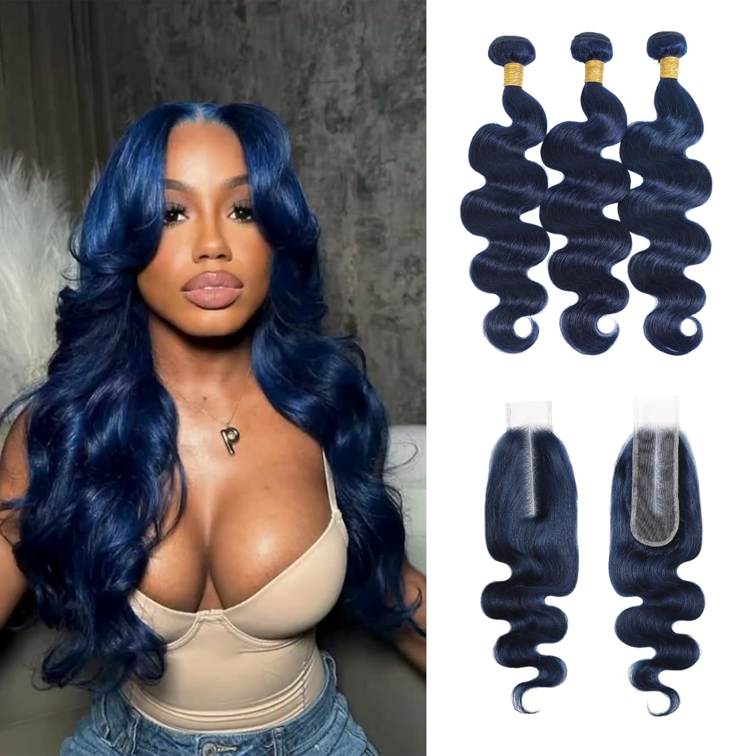 Dark Blue Bundles with 2x6 HD Transparent Lace Closure, 16 18 20 In + 2x6 Closure 16 In, 12A Body Wave Human Hair 3 Bundles with 2 by 6 Long Deep Middle Part Closure Pre Plucked Bleached