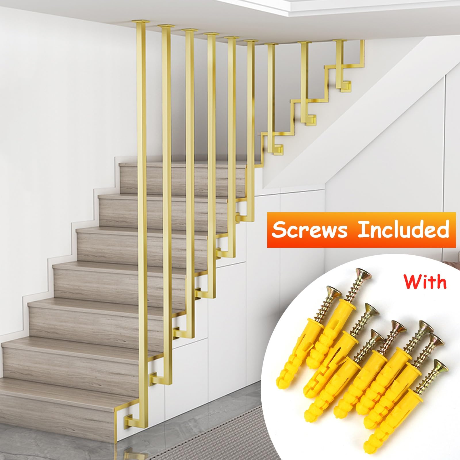 słupki balustrad schodowych, Słupki i pręty balustrad, poręcze kwadratowe do korytarzy(Gold(1 Pack),H 2.2m/7.2ft)