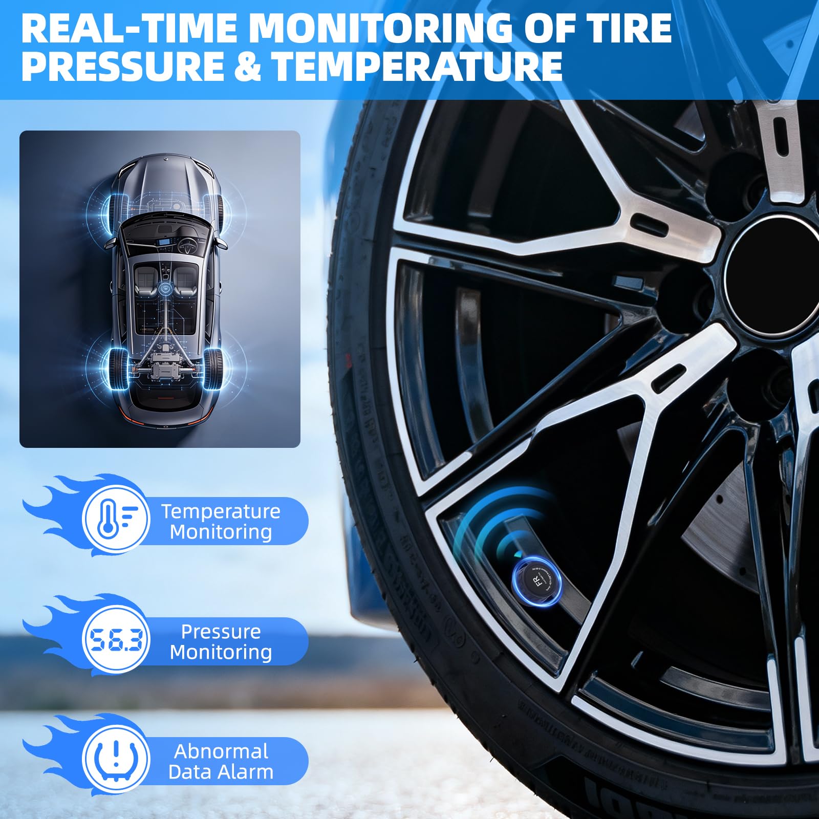 TPMS Sistema di monitoraggio della pressione dei pneumatici con traccia dinamica UL, monitor della pressione dei pneumatici solare con modalità di allarme, sensore impermeabile IPX7, 0-98 PSi