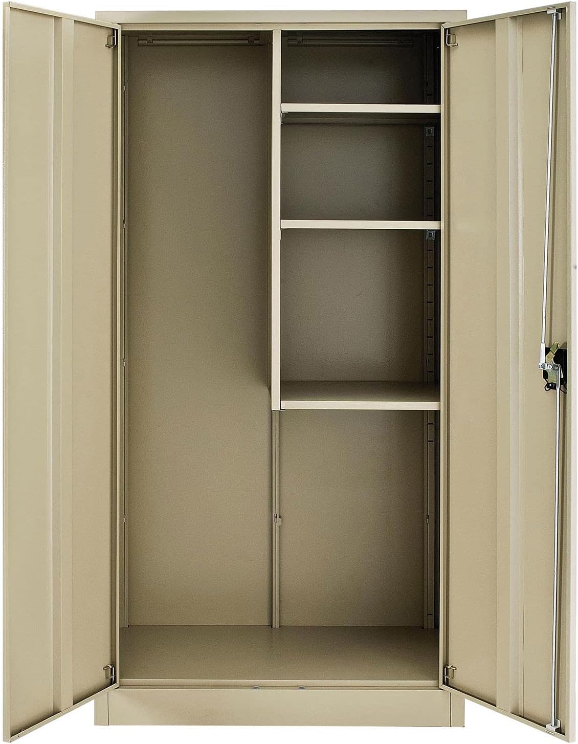 Global Industrial Janitorial Cabinet with Locking Recessed Handle, 4 Compartments, Steel Construction, 36" W x 18" D x 72" H, Tan Powder Coat Finish, Ships Assembled