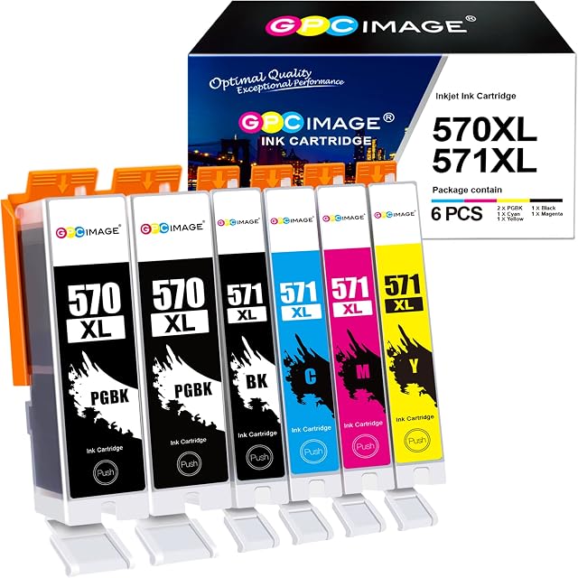 GPC Image Ink Cartridges Replacement for Canon PGI-570XL CLI-571XL Compatible with PIXMA MG5700 MG5750 MG5751 MG6850 MG6851 TS5050 TS5051 TS6050 MG7750 MG6800 MG6850 (Black Cyan Magenta Yellow,6-Pack)