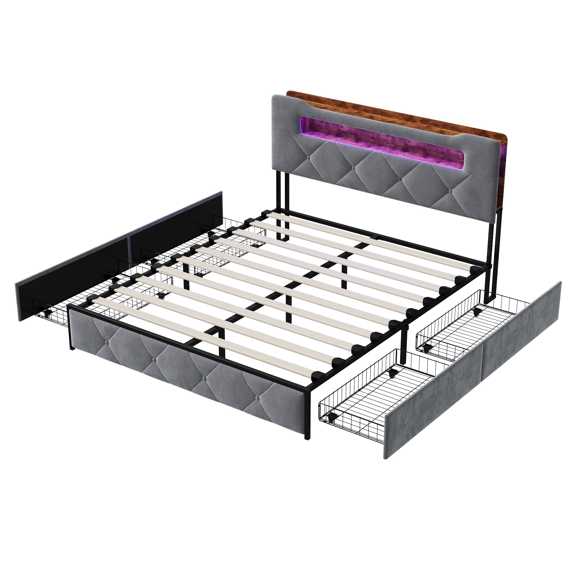 CDQL Łóżko tapicerowane podwójne 160 x 200 cm z 4 szufladami, łóżko młodzieżowe ze złączem USB i oświetleniem LED, zagłówek ze schowkiem, łóżko dla gości, łóżko funkcyjne, aksamit, szare