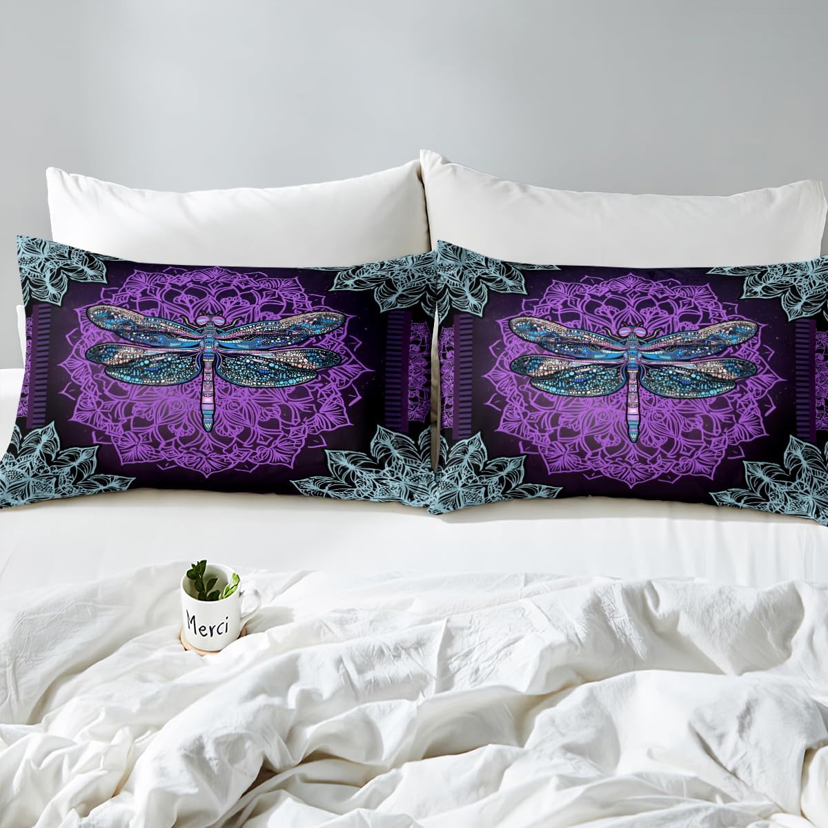 Erosebridal Gothic Dragonfly Bedding Sets Full Hippie Mandala Bed Sheets Purple Boho Floral Fitted Sheet Wild Animal Sheets Bohemian Bed Cover with 2 Pillowcases Luxury Home Decor (No Top/Flat Sheet)