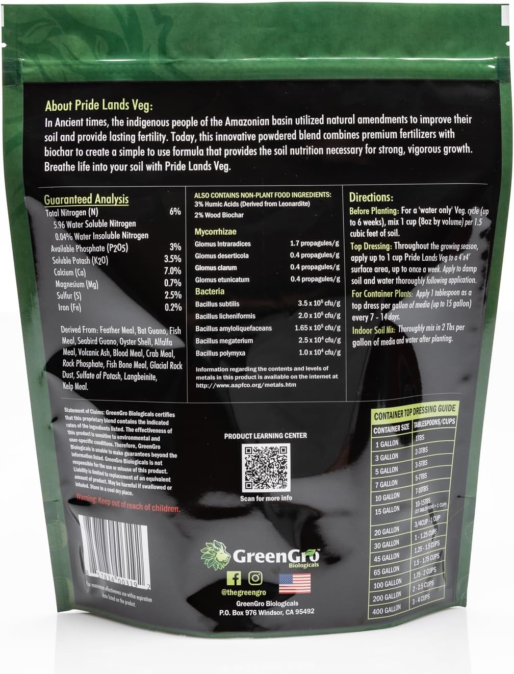 GreenGro Pride Lands Veg Premium Organic Dry Top Dress Fertilizer for The Vegetative Cycle, Bigger Buds and Healthier Plants with Our Complete Veg Food, Easy to Use and All Natural, 5 lb
