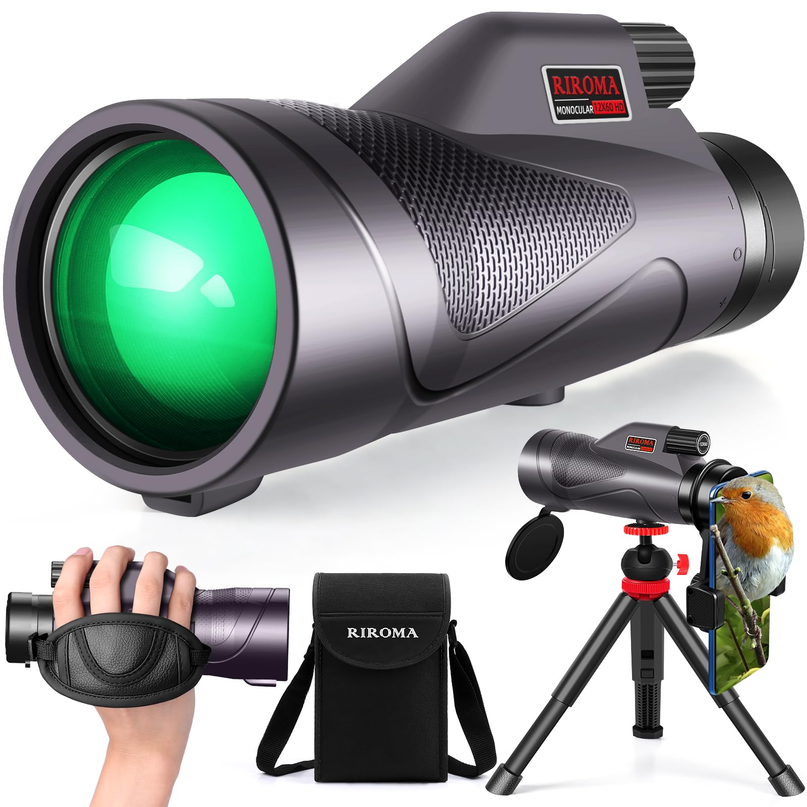 12x60 Monocular Telescope High Powered with Smartphone Adapter Tripod Plus Portable Bag, Larger Vision Monoculars for Adults with BAK4 Prism & FMC