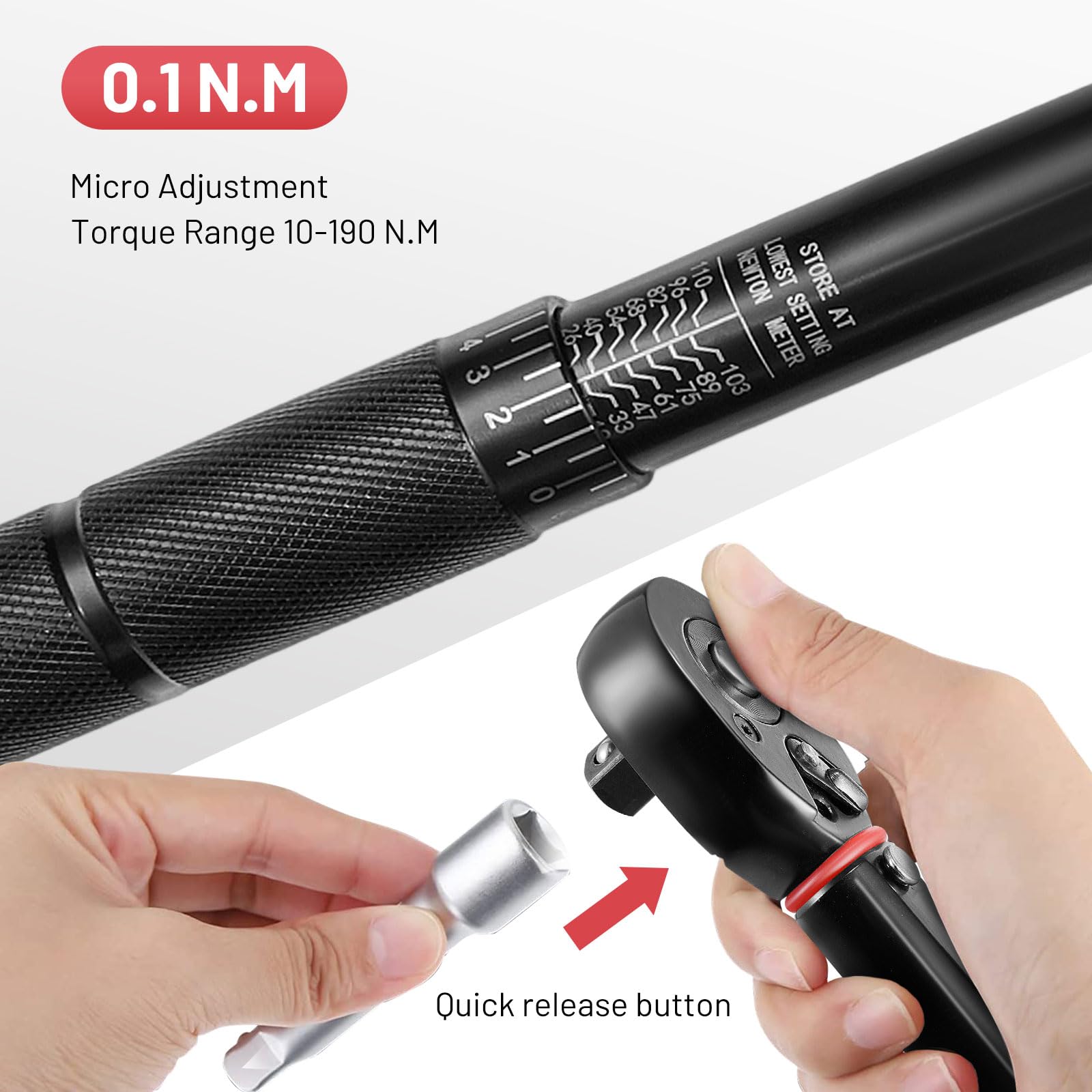 Llave dinamométrica profesional 3/8 pulgadas para coche y moto, 19-110 Nm, ajuste micrométrico de 0,1 Nm con bloqueo, precisión de ±3%, cabeza de trinquete de 72 dientes, pequeña y portátil