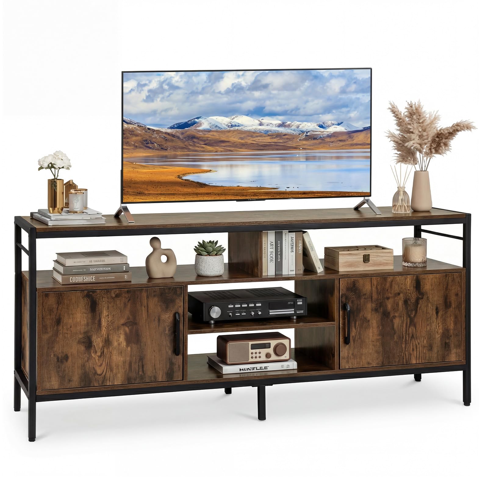 COSTWAY Mobile TV Soggiorno fino a 65", con 2 Armadietti e 4 Ripiani Aperti, Tavolino Porta TV con Gambe in Metallo, Centro di Intrattenimento per Soggiorno Camera da Letto (Marrone, 147 x 35 cm)