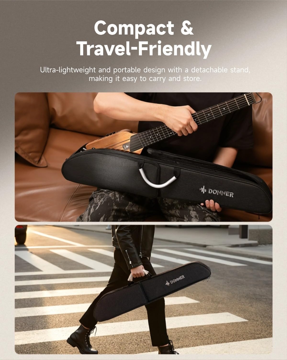 Donner HUSH-I Guitare Portable Sans Tête - Guitare Acoustique-électrique Ultra-légère et Silencieuse Pour les Voyages, Corps en érable Avec Cadres Amovibles, Housse de Transport et Accessoires.