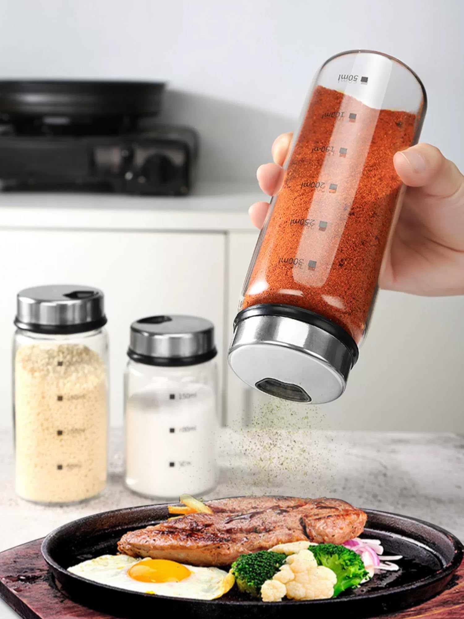 Juego de salero y pimentero de 15 onzas con agujeros de salida ajustables, botellas de vidrio transparente, latas de condimento para especias para decoración de cocina y hogar, restaurante, barbacoa,