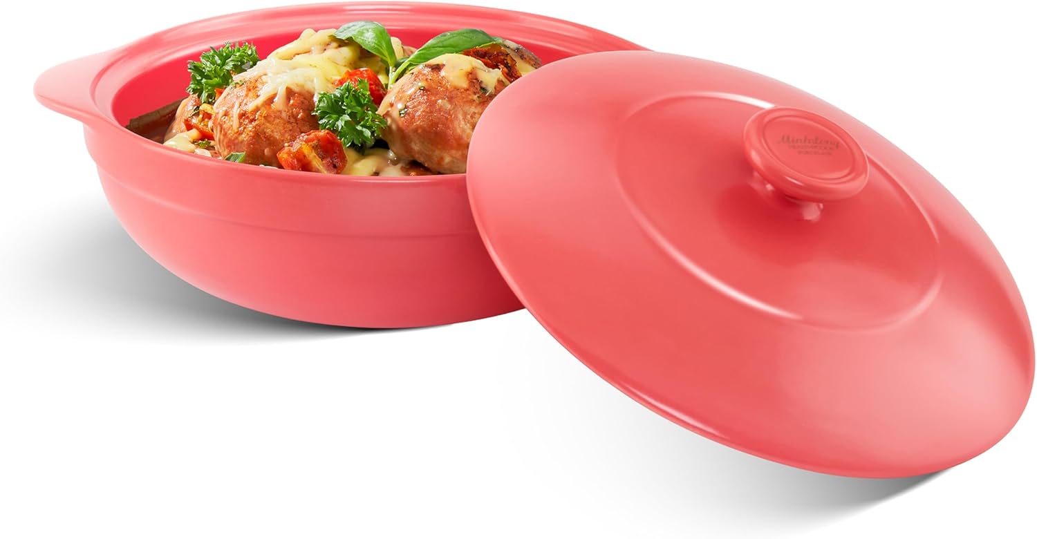 MINH LONG 2-Qt Porcelain Dutch Oven with Lid – Lead & Cadmium Free, Oven Safe to 482°F, Heat Retention, Clay Pot for Cooking on Gas & Infrared Cooktop, Use to Marinate, Cook, Bake, Refrigerate & Serve