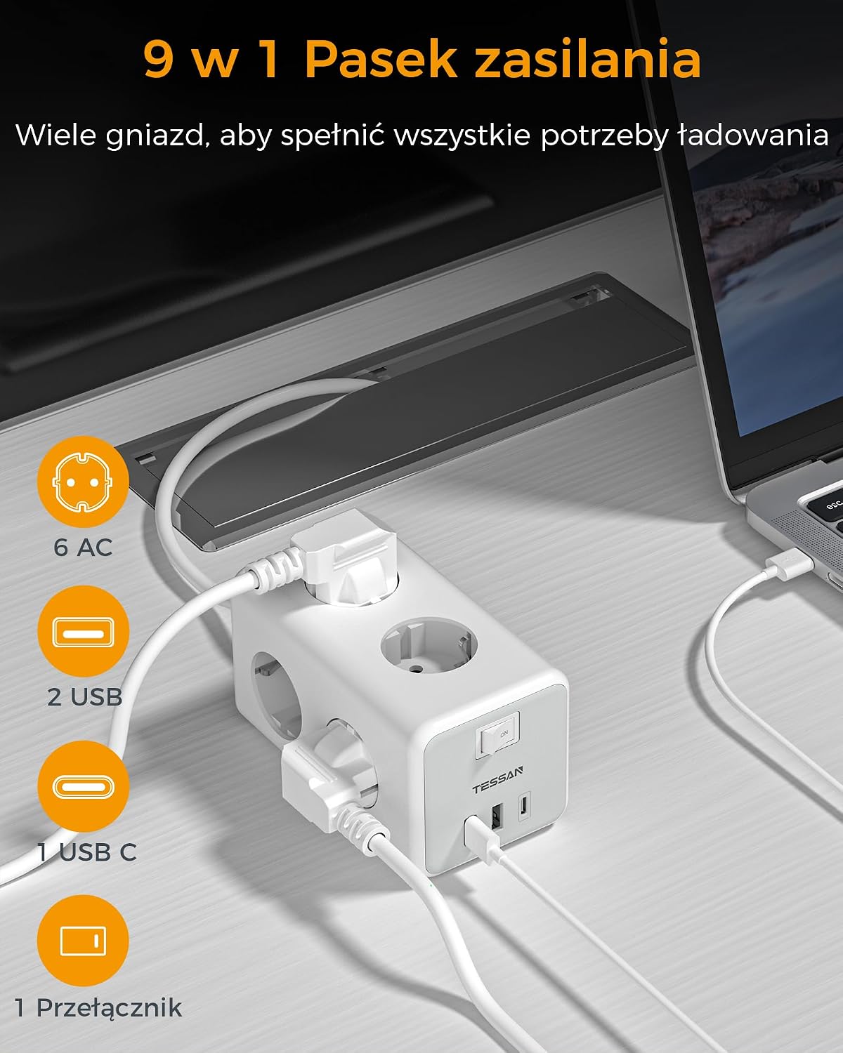 TESSAN 9 в 1 Удлинитель с USB-C, удлинитель с 3 портами USB, 2 м | удлинители с выключателями, удлинитель 2 м, USB-удлинитель для дома и офиса, 3600 Вт, серо-белый