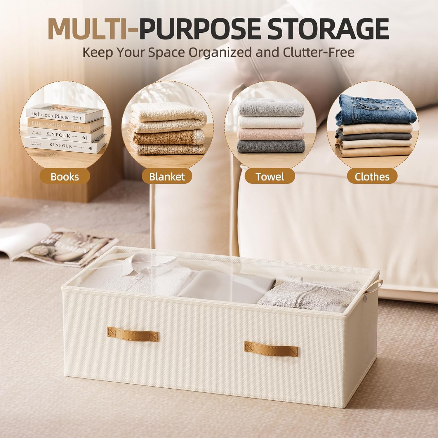 FHSQX Under Bed Storage Bins, Beige, 31.5x15.8x10 inch, 4 Pack