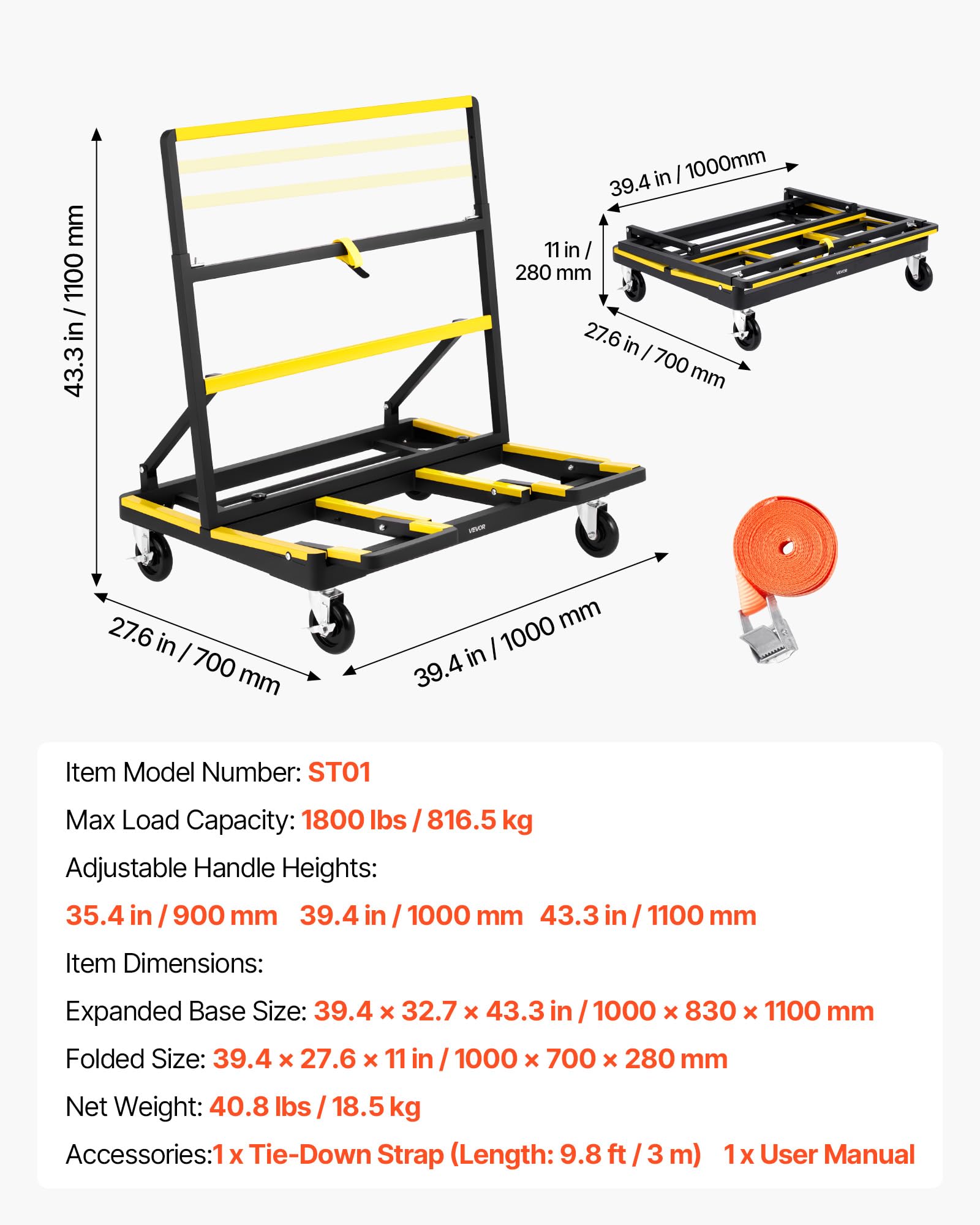 VEVOR Carrello per Cartongesso, Capacità di Carico 816 kg, in Acciaio con 4 Ruote Girevoli e Piano Espandibile, Carrello per Pannelli con Piattaforma Pieghevole con Cinghia di Fissaggio