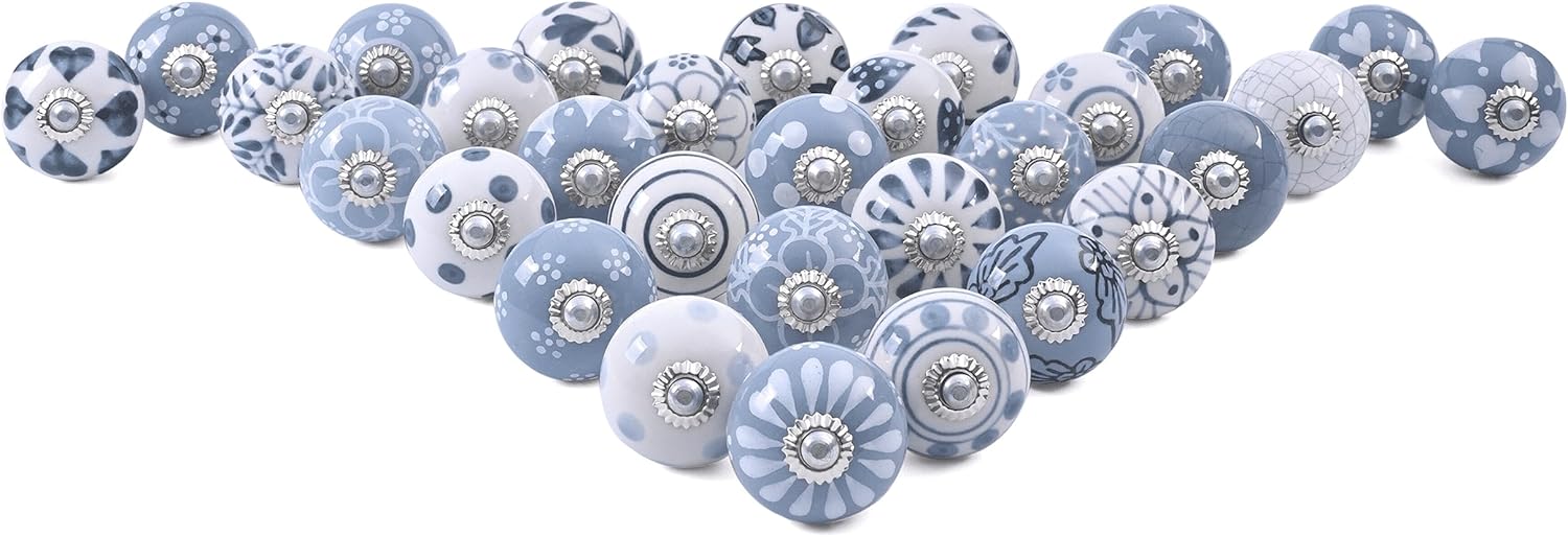 RAJRANG Boho Dresser Door Knob Vintage Hand Painted Ceramic Pull for Kitchen Cabinet Door and Drawer Wardrobe Cupboard Set of 30