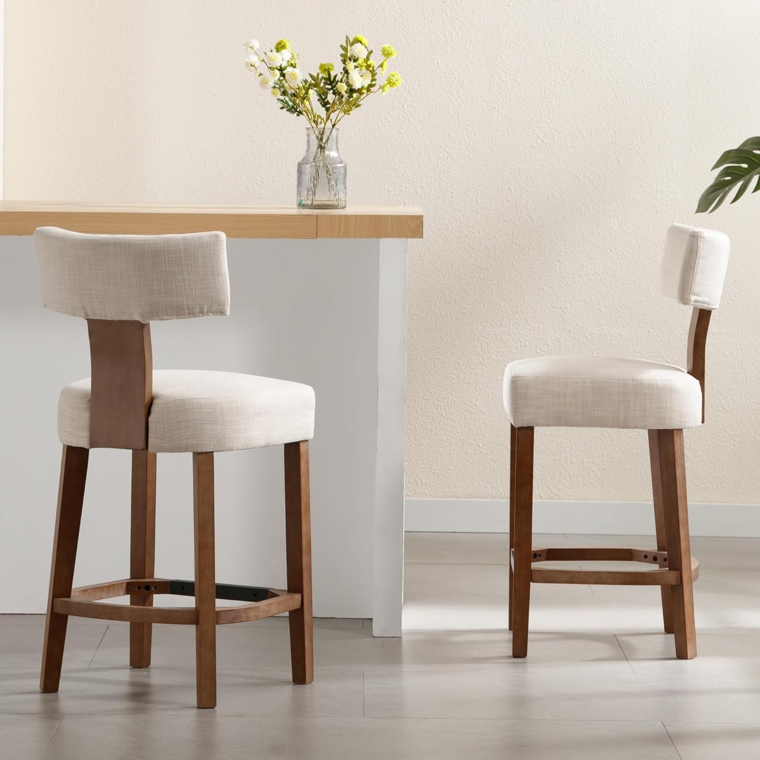 BESTANO 26" Farmhouse Counter Height Bar Stools Set of 2 Linen Counter Stools Island Countertop Bar Chairs with Curved Back and Wood Legs for Kitchen Island, Beige