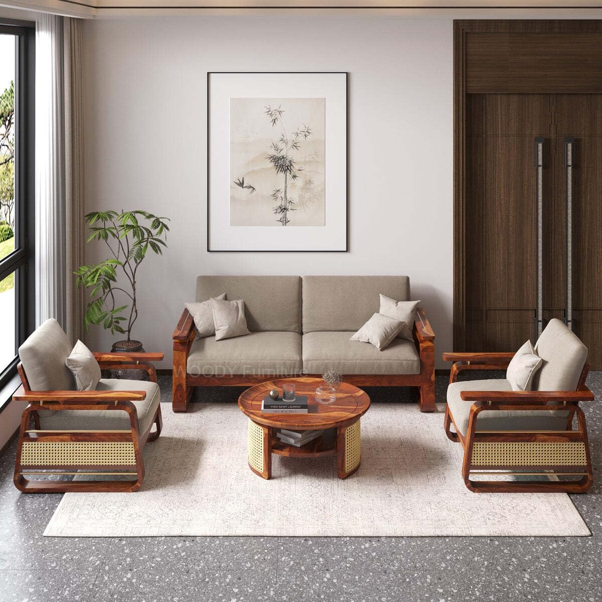 WOODY Furniture™ Wooden Sofa Set 5 Seater for Living Room 3+1+1 | Solid Sheesham Wood 5 Seater Sofa Set for Home Hall Furniture (Honey Finish)-image-42
