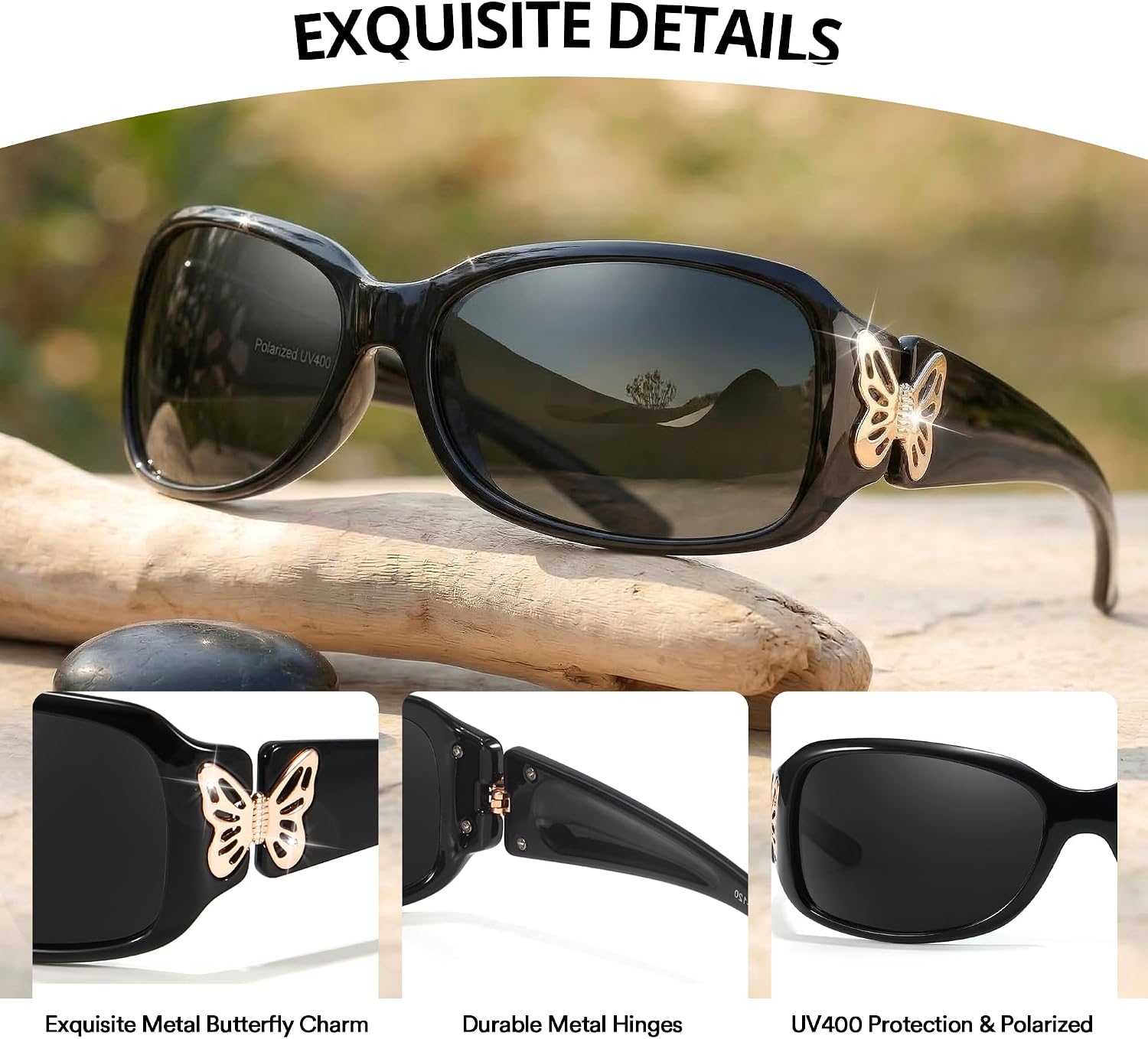 LVIOE Women's Polarized Sunglasses Wrap Around Butterfly Design with UV400 Protection (2 Pack)