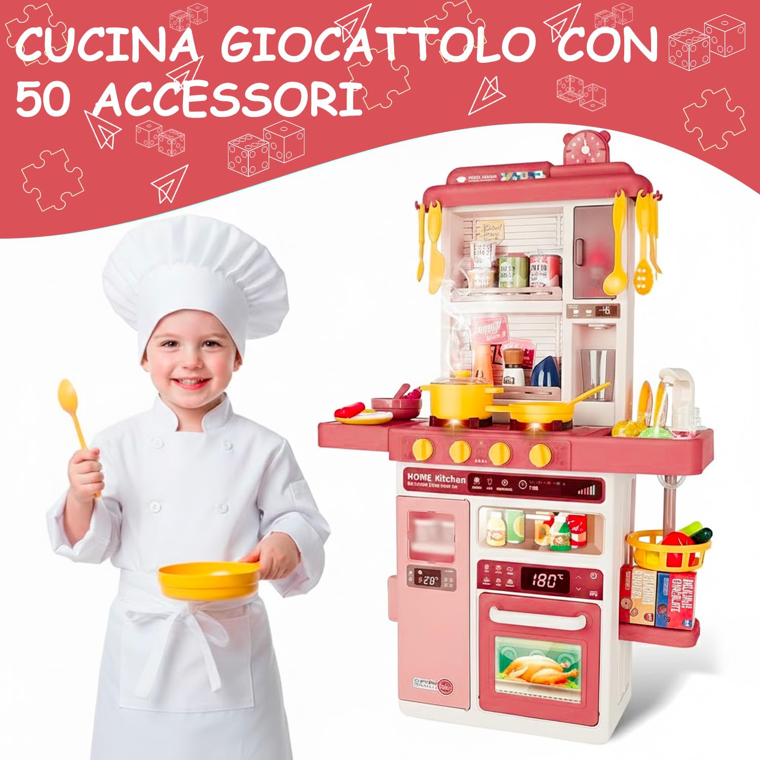 Cucina Giocattolo Bambini Con Luci E Suoni Realistici Rubinetto Con Riciclo Acqua Forno E Fornelli Apribili 50 Accessori Inclusi Gioco Educativo Per Bambini Dai 3–8 Anni (Rosso)