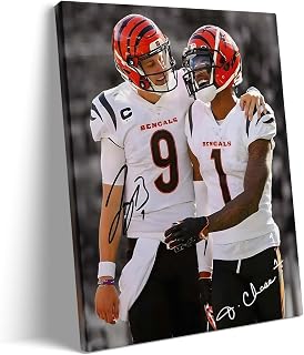 Super Bowl Canvas Wall Art, Joe Burrow and Ja'Marr Chase Signed Sports Poster Print, Super Bowl Rugby Vintage Framed Painting Wall Decor for Bedroom Office Home Game Rooms 11x14inch