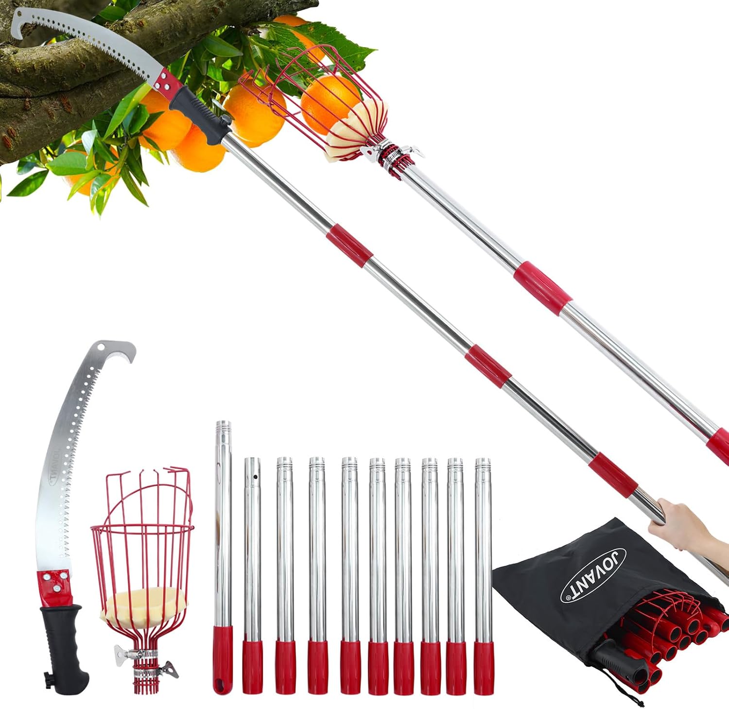 Branch Saw With Handle 4m,Telescopic Saw,Adjustable Length 3-in-1 Hand Saw Telescopic Pole,And Fruit Picker For Cutting High Branches And Fruit Grabber,Garden Tool Set -JOVANT (4M), Red, 4M（10 rods)