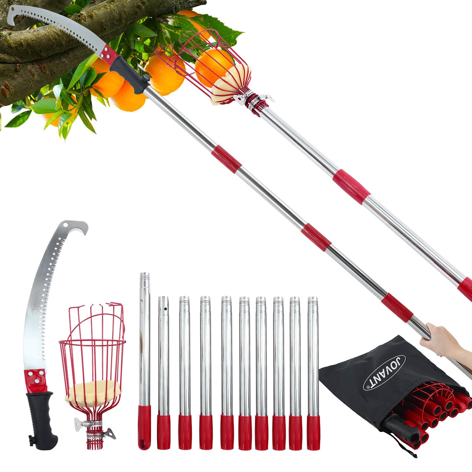 Sierra de poda con mango de 4 m, sierra telescópica, longitud ajustable 3 en 1 sierra de mano telescópica, y recolector de frutas para cortar ramas altas y recoger frutas, conjunto de herramientas