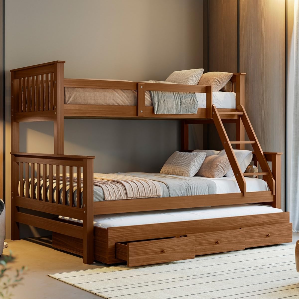 Treliche Com Cama Casal Em Madeira e Aux Solteiro C/Gavetas Woodstore (Castanho)
