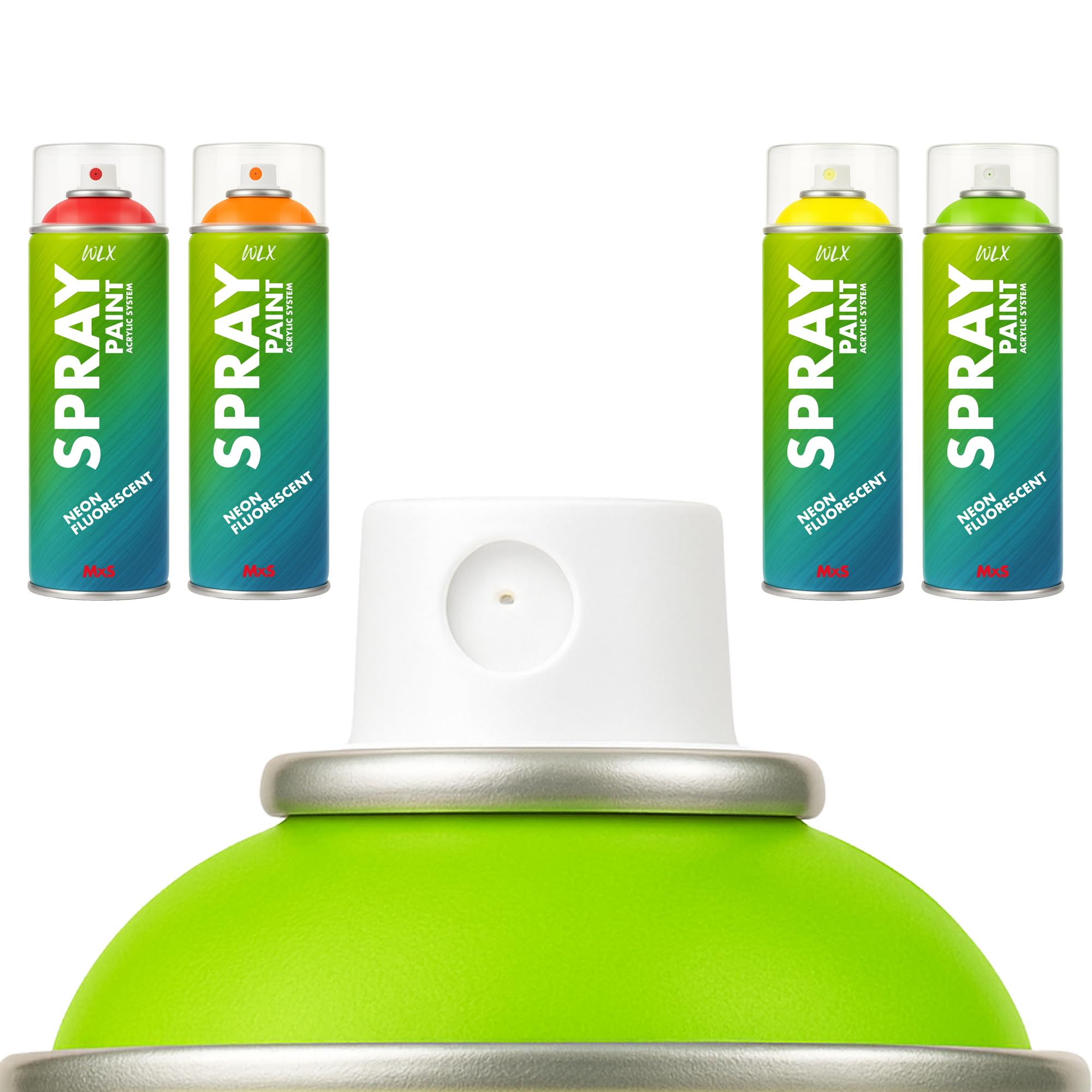 WLX Zestaw farb neonowych w sprayu, 4 kolory po 400 ml, wysoce widoczne, szybkoschnące farby fluorescencyjne do drewna, metalu, kamienia i szkła