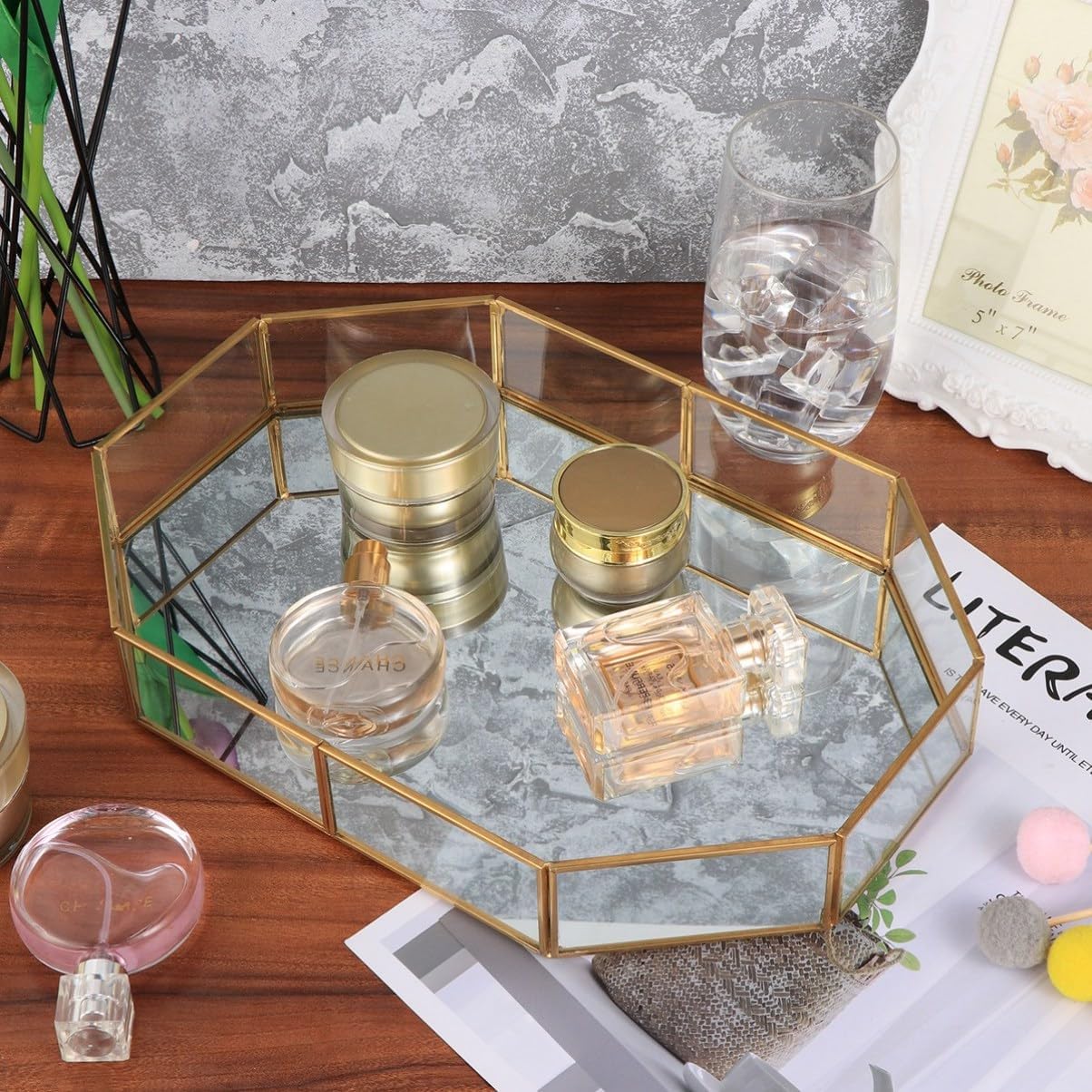 Decorative Copper Structure Mirrored Jewelry Tray Glass Organizer for Vanity for Storing Jewelry Accessories and Items
