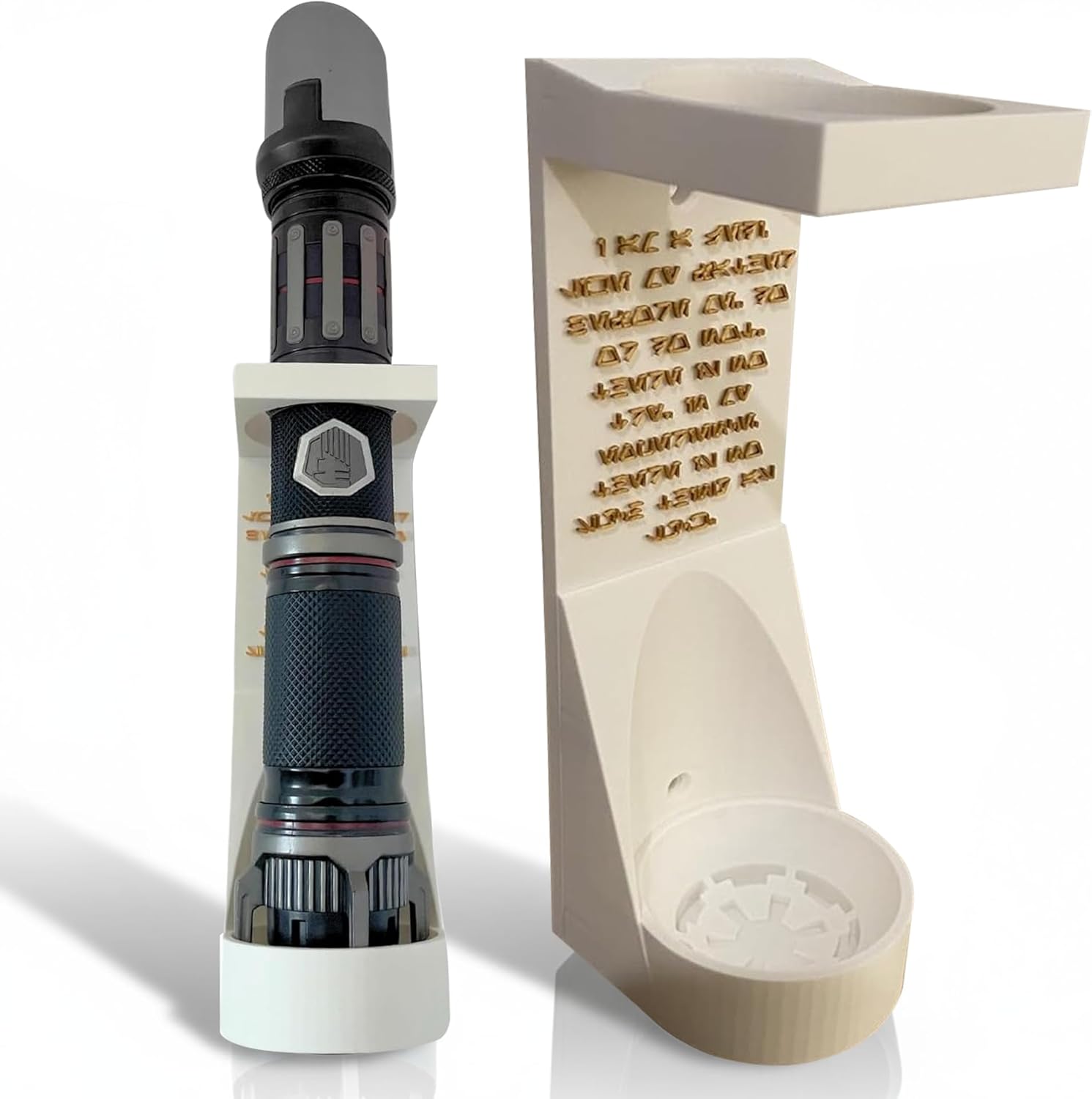 Savi's Workshop Lightsaber Vertical Wall Mount, Choose a Logo, Aurebesh Inscription Backplate, 3D Printed, Mount Hardware Included (White - Jedi Order Logo)
