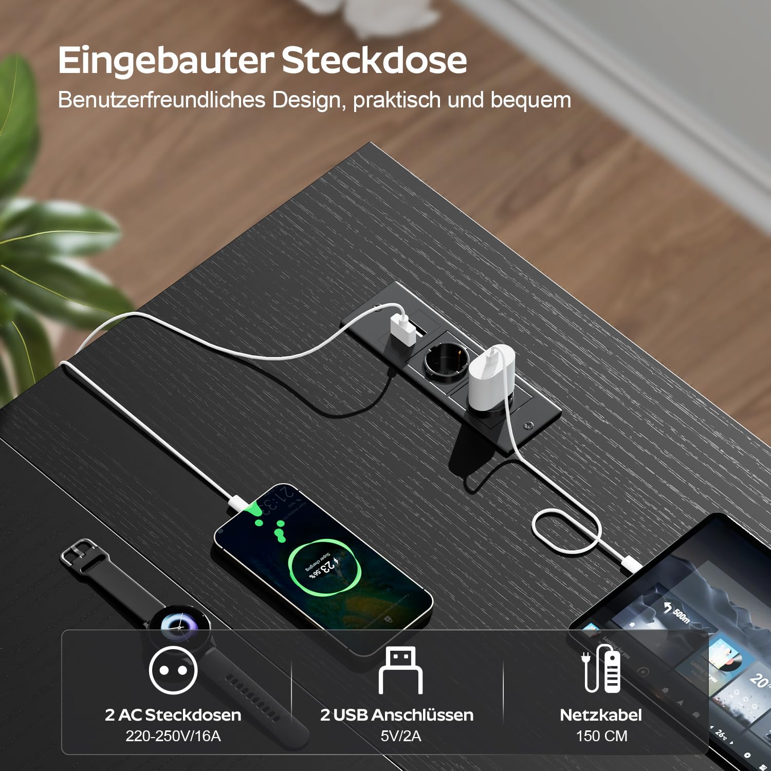 L-förmiger Schreibtisch Mit LED & Steckdosen – 110x80 Cm, Eckschreibtisch Mit Regal, Monitorständer, Braun