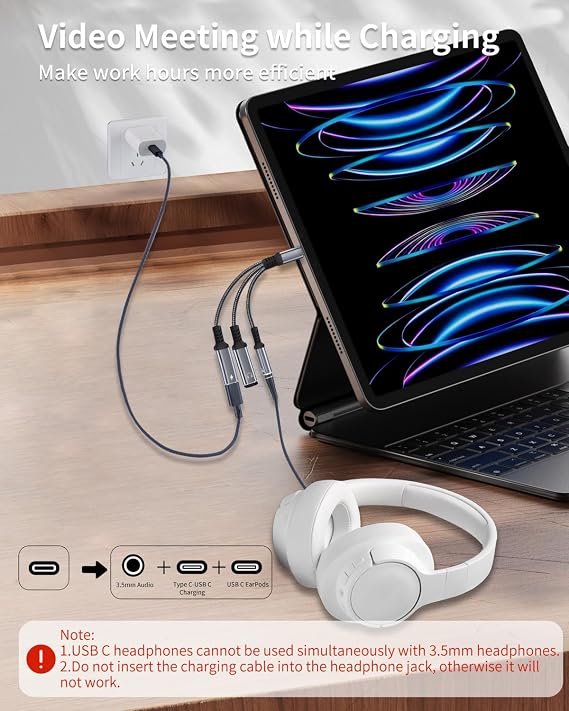 USB-C - 3.5mmヘッドホンと充電器アダプター、3イン1デュアルタイプC Auxスプリッター充電器ヘッドホンジャックドングルコード iPhone 15/16/17 Pro/Max/Plus、iPad、Samsung Galaxy S23/S24 Ultraに対応 グレー