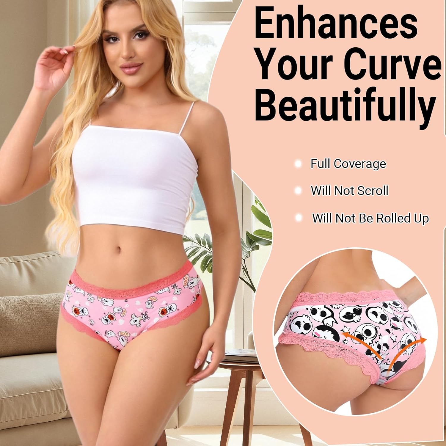 Women's Gothic Lace Hipster Panties 5~6Pack:Skull Rose Halloween Print,Pink Low Rise Bikini Soft Comfy Sexy Underwear - Image 3