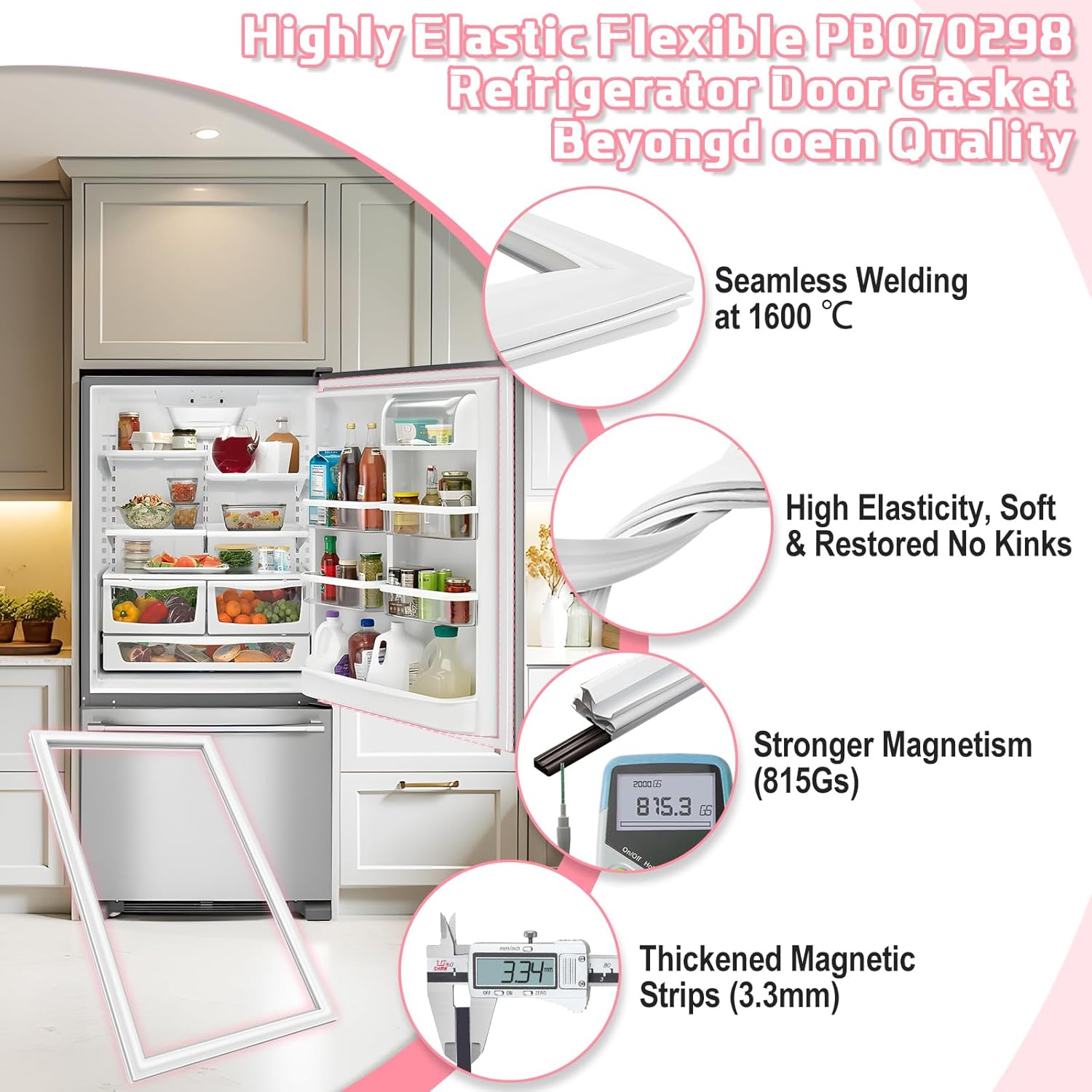 LXun Upgraded 69.6"X34.3" PB070298 Refrigerator Door Gasket Replacement for Viking 48" Side-by-Side Refrigerator Fresh Food Door Gasket Replaces Part PB970156 Viking Refrigerator Door Gasket -White
