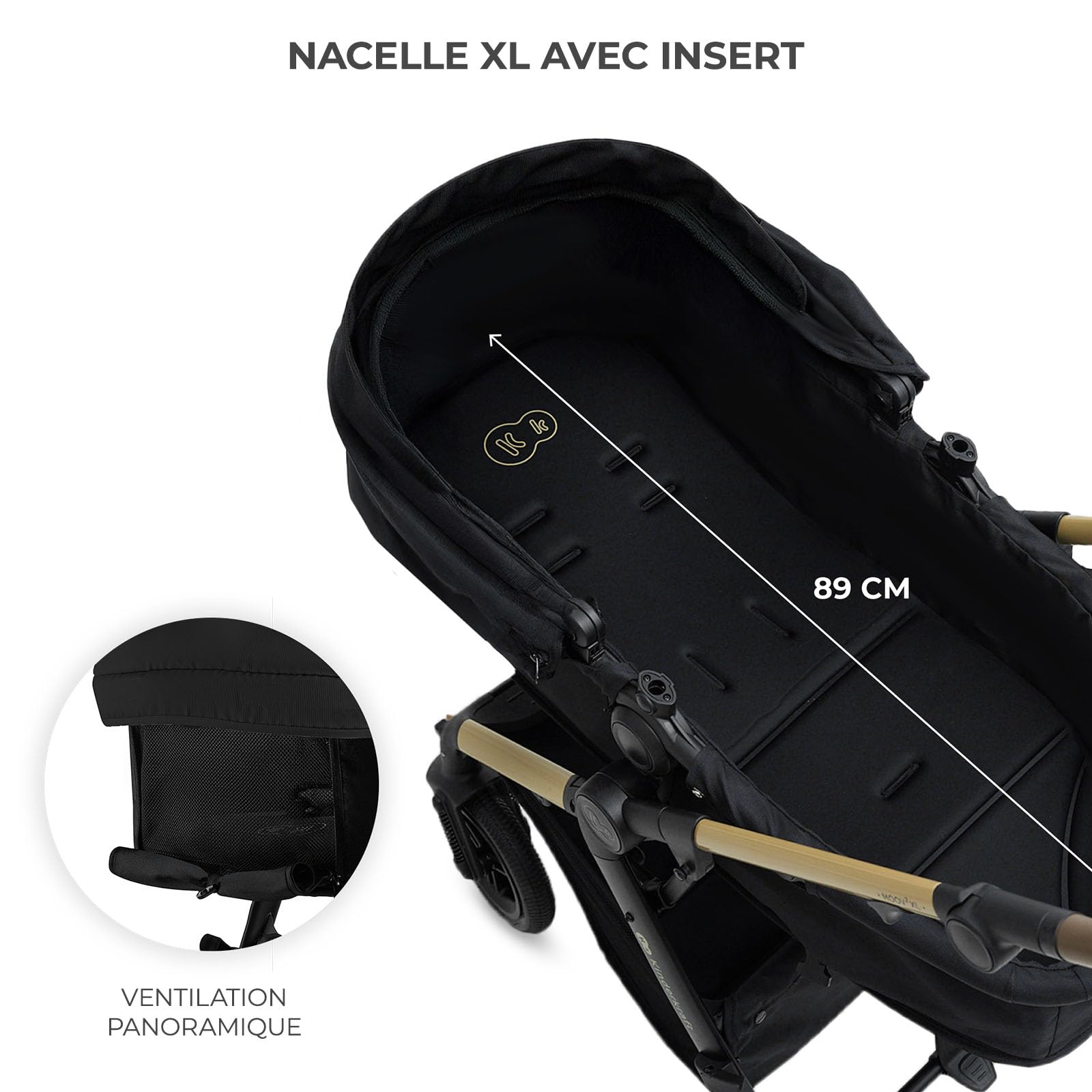 Kinderkraft MOOV XL 3 en 1, Poussette jusqu'à 27 kg, Landau, Avec siège I-SIZE 40-75 cm, Pliable, Absorption des chocs, Convertible, Nacelle XL, Avec accessoires, Noir