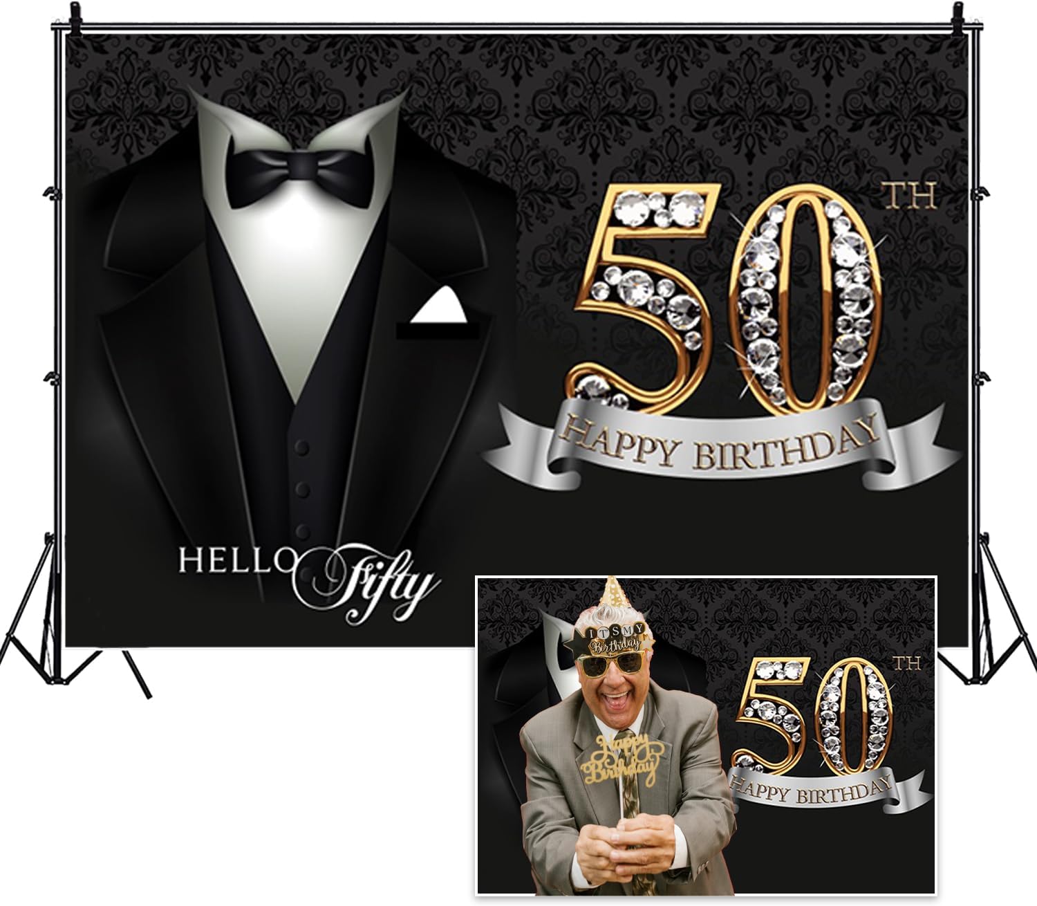 10x8ft Happy 50th Birthday Photography Backdrop for Man 50th Birthday Decorations Necktie Suit Tuxedo Backdrop Background Man Gentleman Father Party Supplies Decor Photo Portrait Studio Props