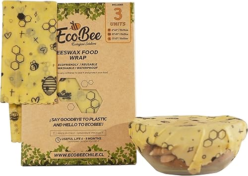 Miniatura 3 de EcoBee Solutions Paquete de 3 envases de cera de abejas (tamaño pequeño, mediano y grande)  Envoltura de alimentos reutilizable, sin plástico,