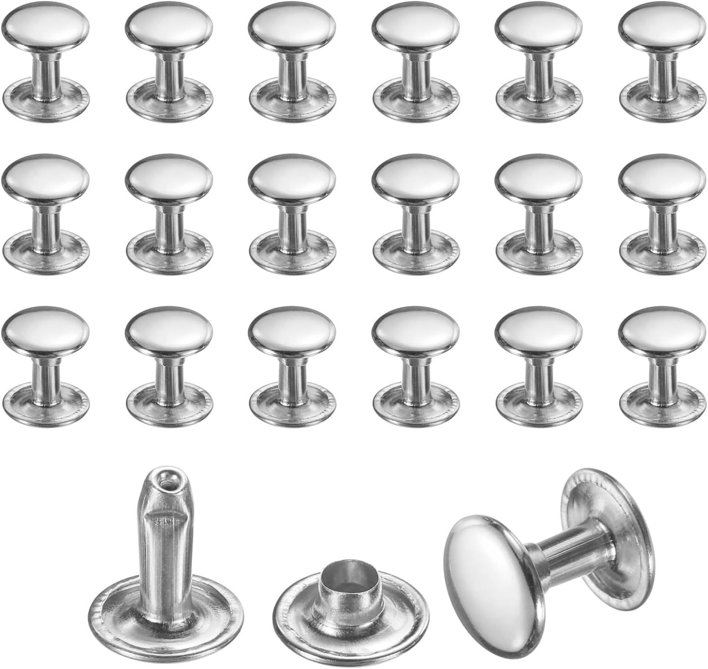 sourcing map 50 Sets Leather Rivets, 9mm Double Cap Rivets, 10mm Height Tubular Metal Studs for Leather Craft Repair and Decoration DIY Clothes, Shoes, Bags, Belts, Silver