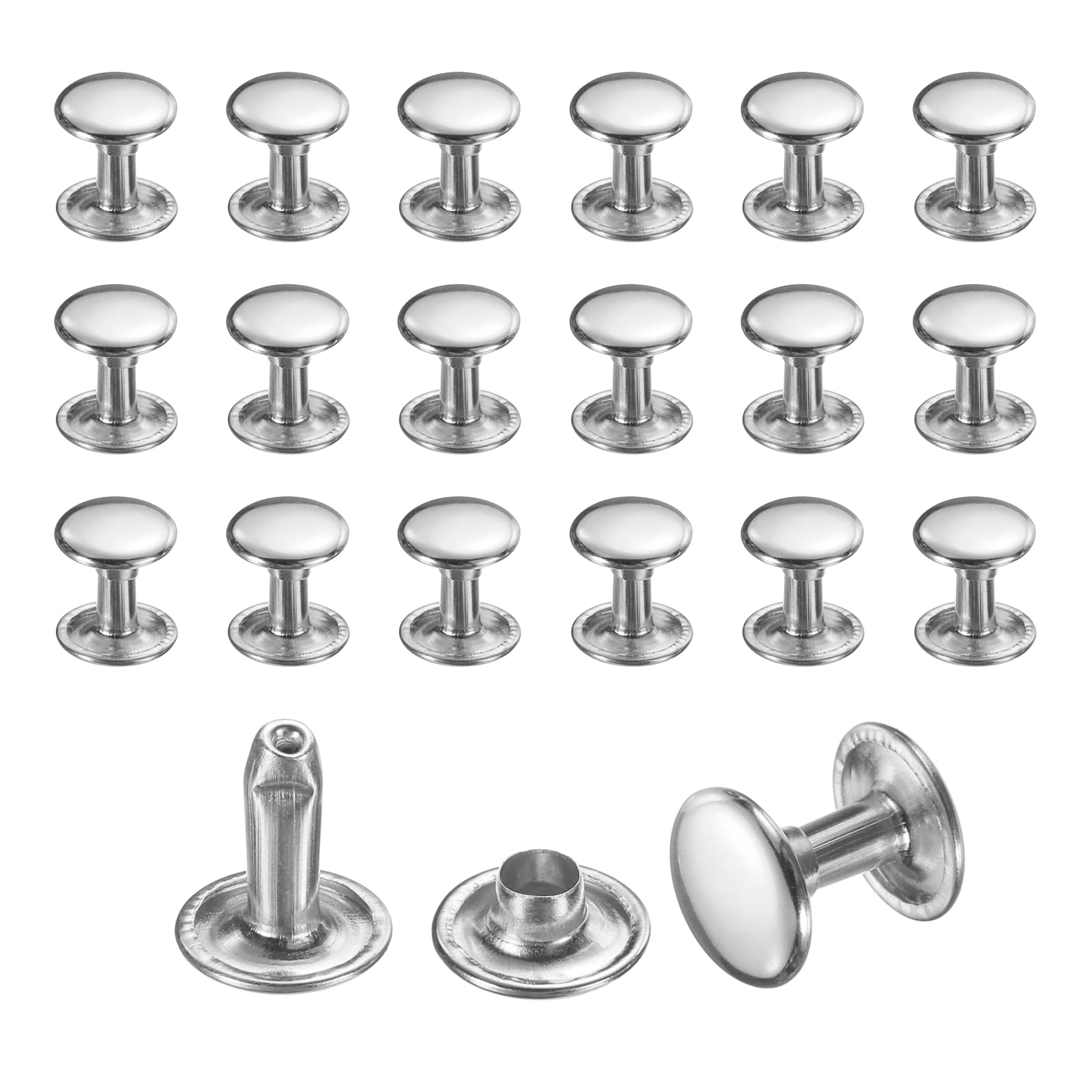 sourcing map 50 Sets Leather Rivets, 9mm Double Cap Rivets, 10mm Height Tubular Metal Studs for Leather Craft Repair and Decoration DIY Clothes, Shoes, Bags, Belts, Silver
