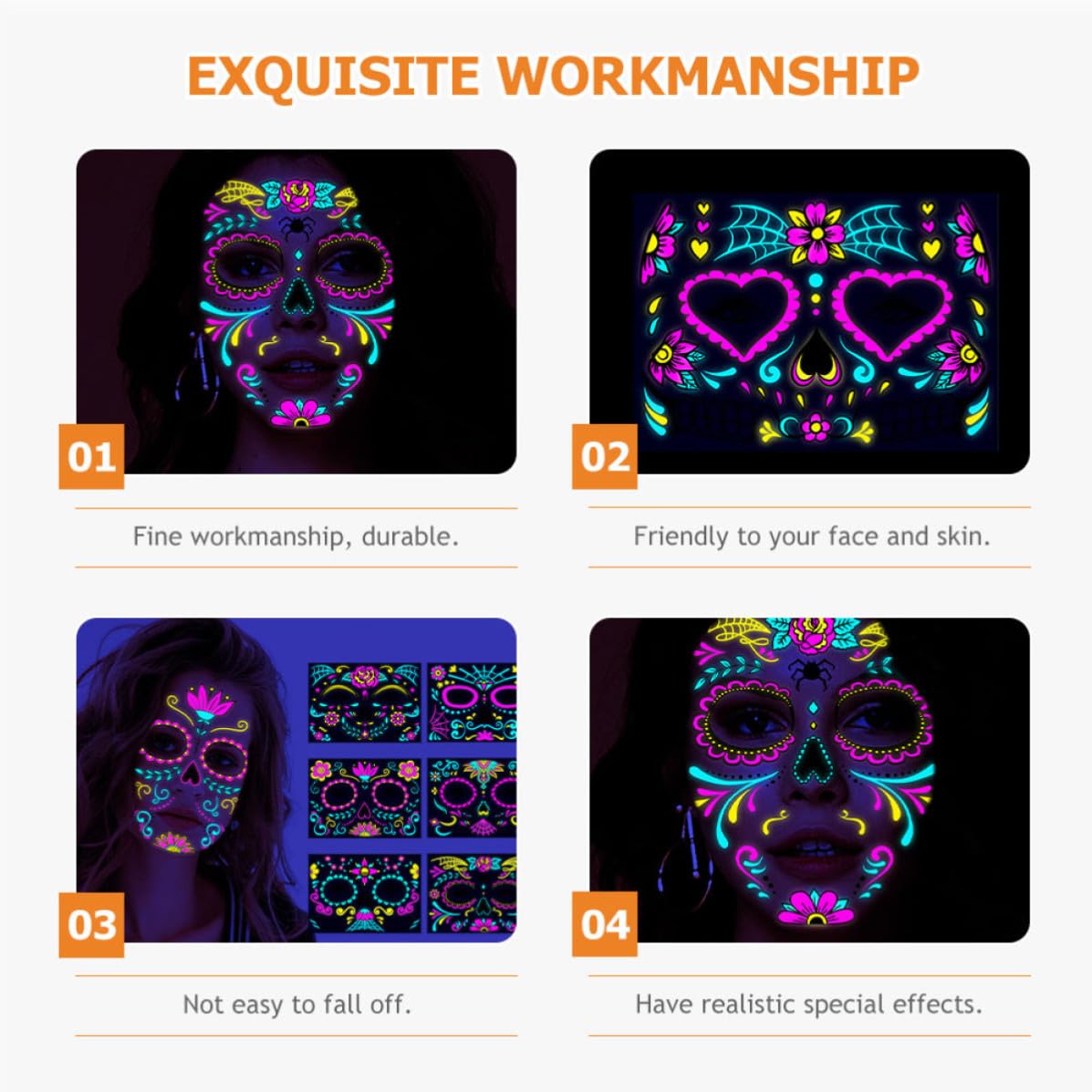 80 Fogli Adesivi Faccia Fluorescenti Halloween per Adulti, 16