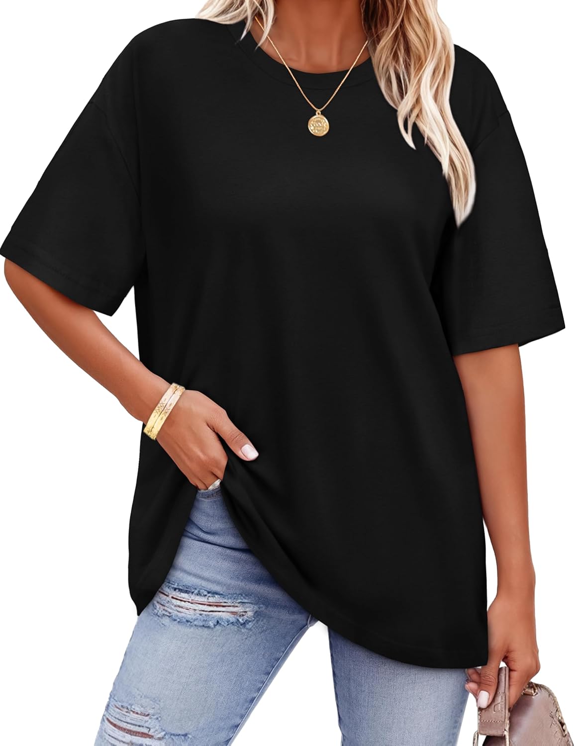 ADOREJOY Oversized Tshirts for Women Crewneck Summer Graphic Tees Short Sleeve Loose Basic Tops