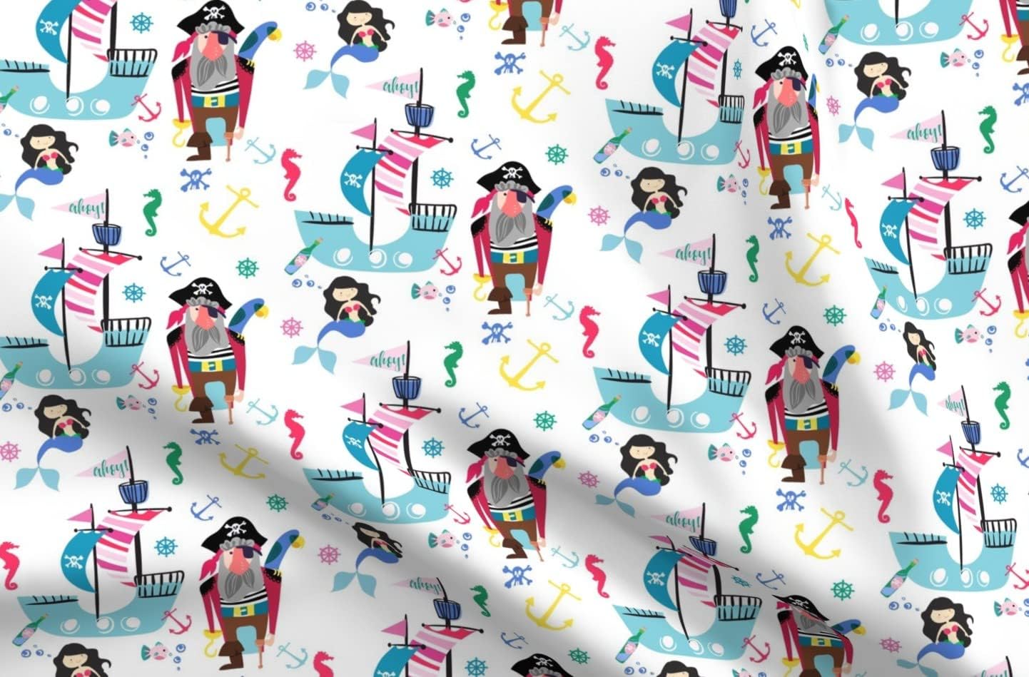 Spoonflower Fabric - Pirate Festival Mermaid Girl Print Beach Sea Girly Aqua Printed on Upholstery Velvet Fabric Fat Quarter - Upholstery Home Decor Bottomweight Apparel