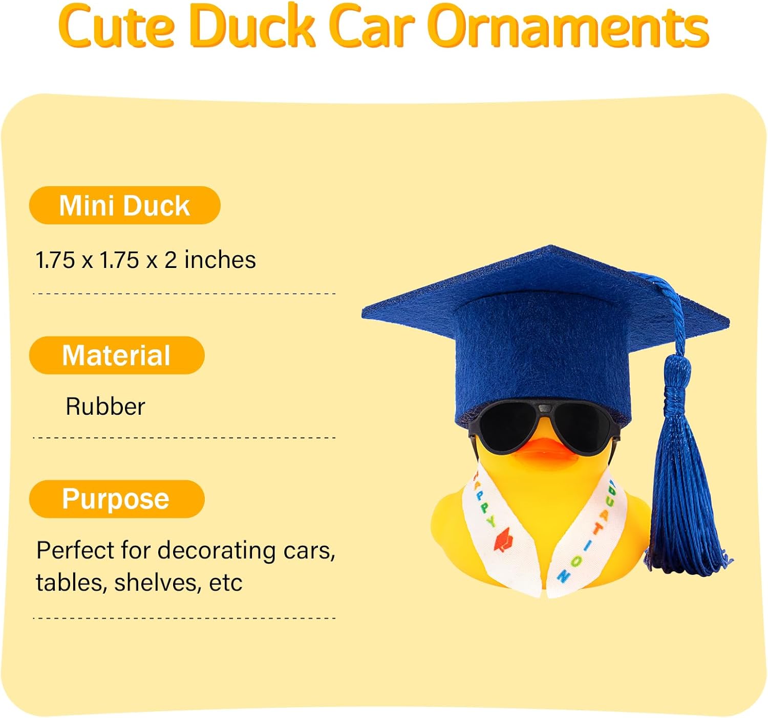 wonuu Mini Graduation Rubber Duck with Graduate Cap, Stole Sash & Sunglasses, Funny Grad Gift Car Dashboard Decor, Dark Blue